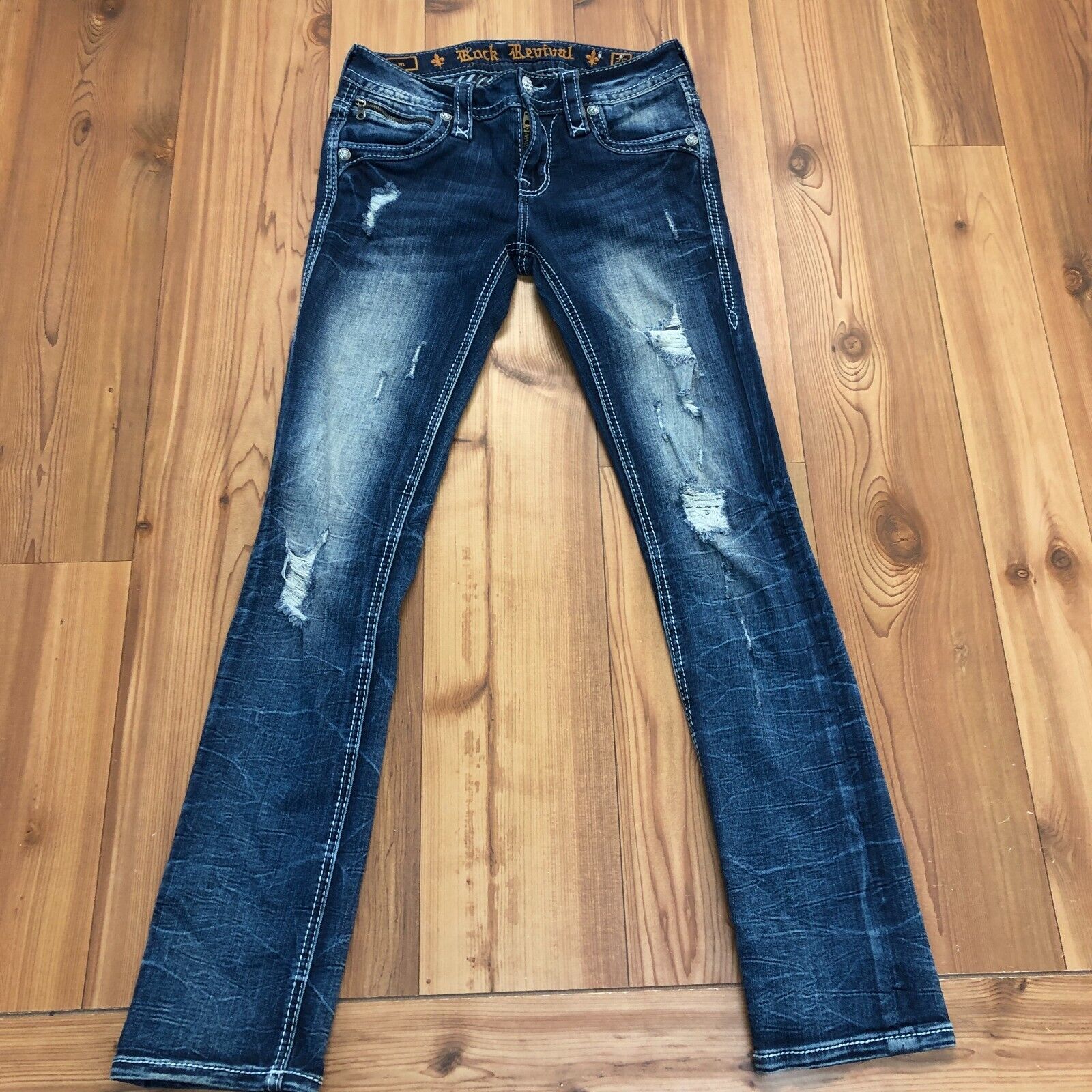 Vintage Rock Revival Blue Mid Rise Straight Cotton Regular Fit Jeans Women's 25