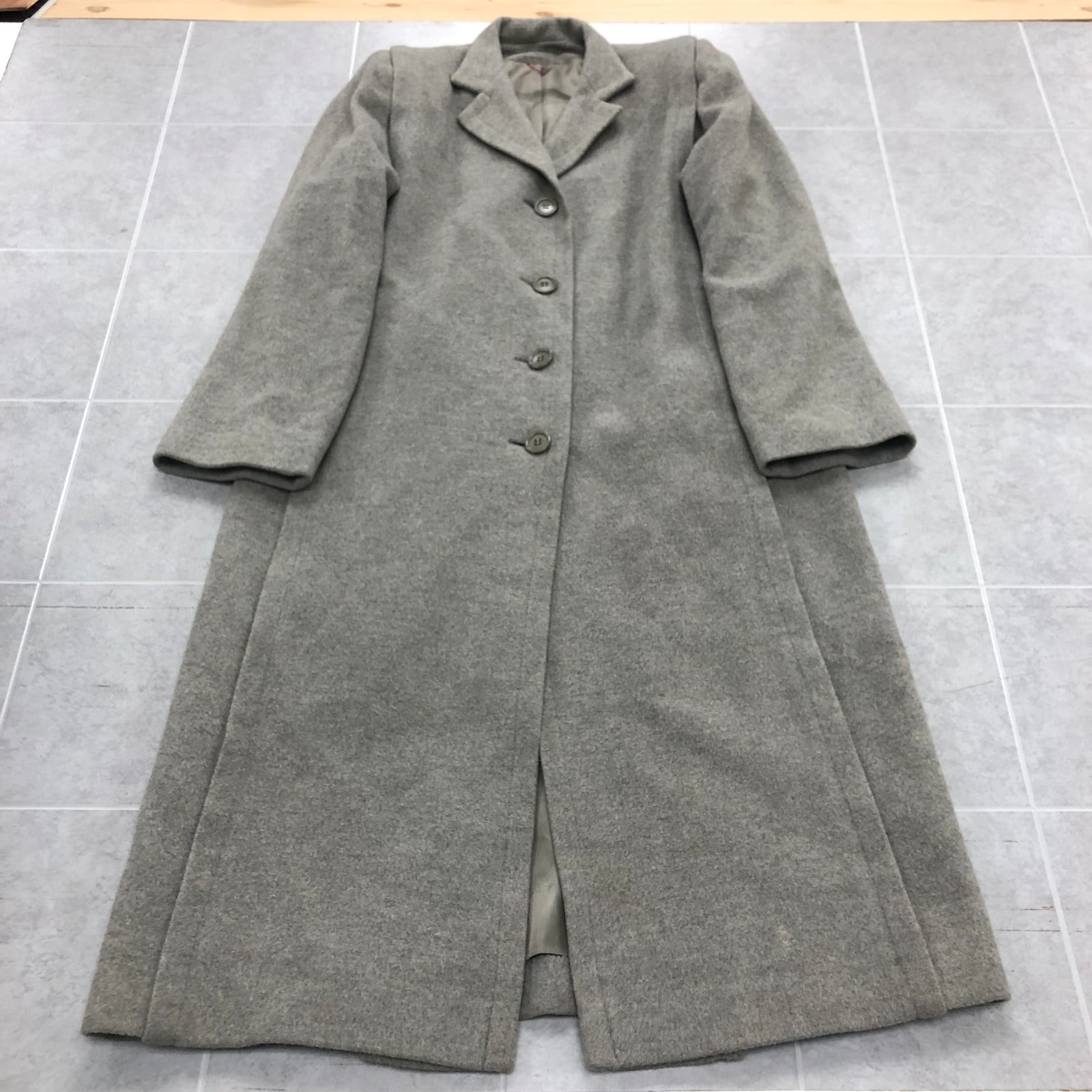 Vintage Gray Long Sleeve Lined Button Up Handmade Cashmere Coat Adult Size 38