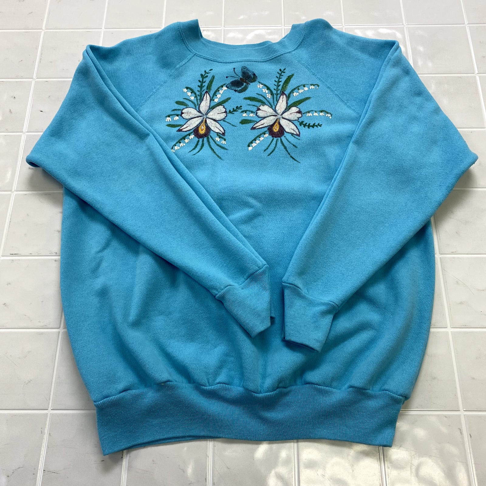 Vintage Pannill Blue Flowers Butterfly Long Sleeve Sweatshirt Women Size XL USA