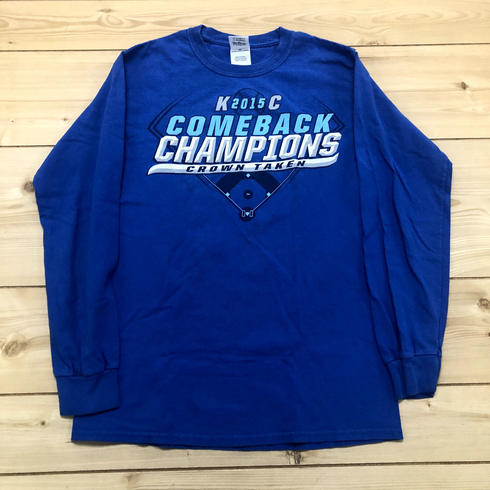 Gildan Blue MLB Kansas City Crown Taken Long Sleeve Pullover T-Shirt Mens Size S