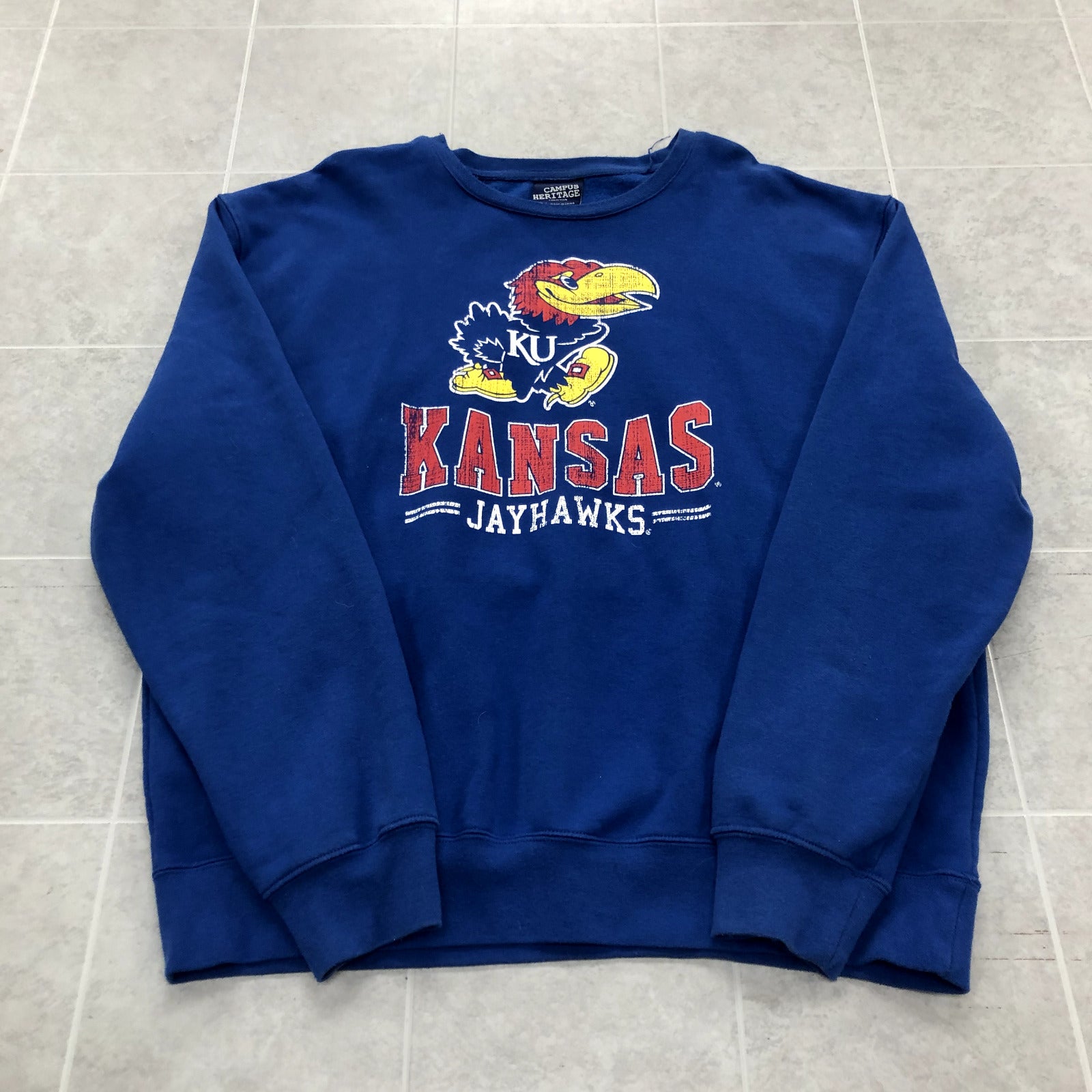 Campus Heritage Blue Long Sleeve Graphic KU Jayhawks Sweatshirt Adult Size XXL
