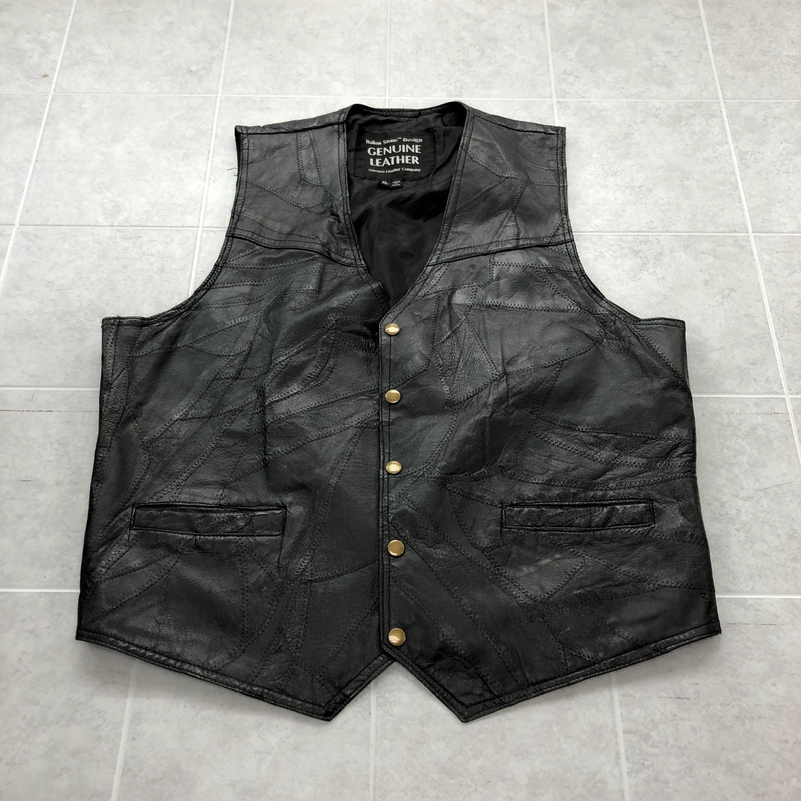 Navarre Leather Black Patch Work Snap Up Lined Leather Biker Vest Adult Size XL