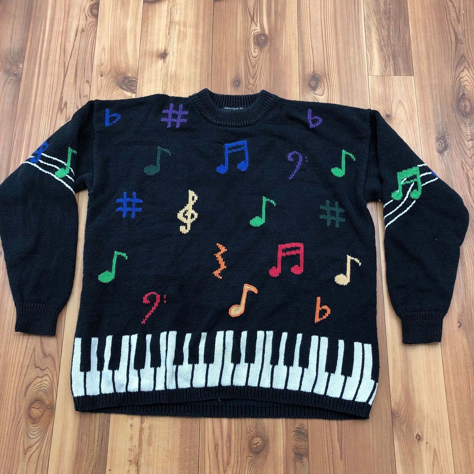 Vintage Albert Elovitz Black Music Theme Long Sleeve Chunky Knit Sweater Size L