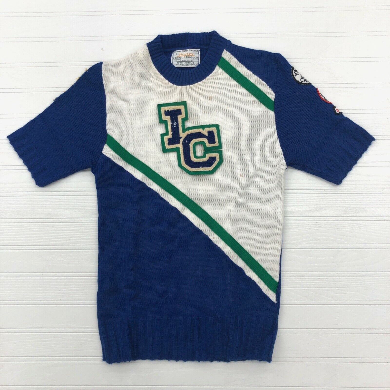Rare Vintage Bristol Products Blue 'LC' YMCA Cheerleader Sweater Youth Size S/M