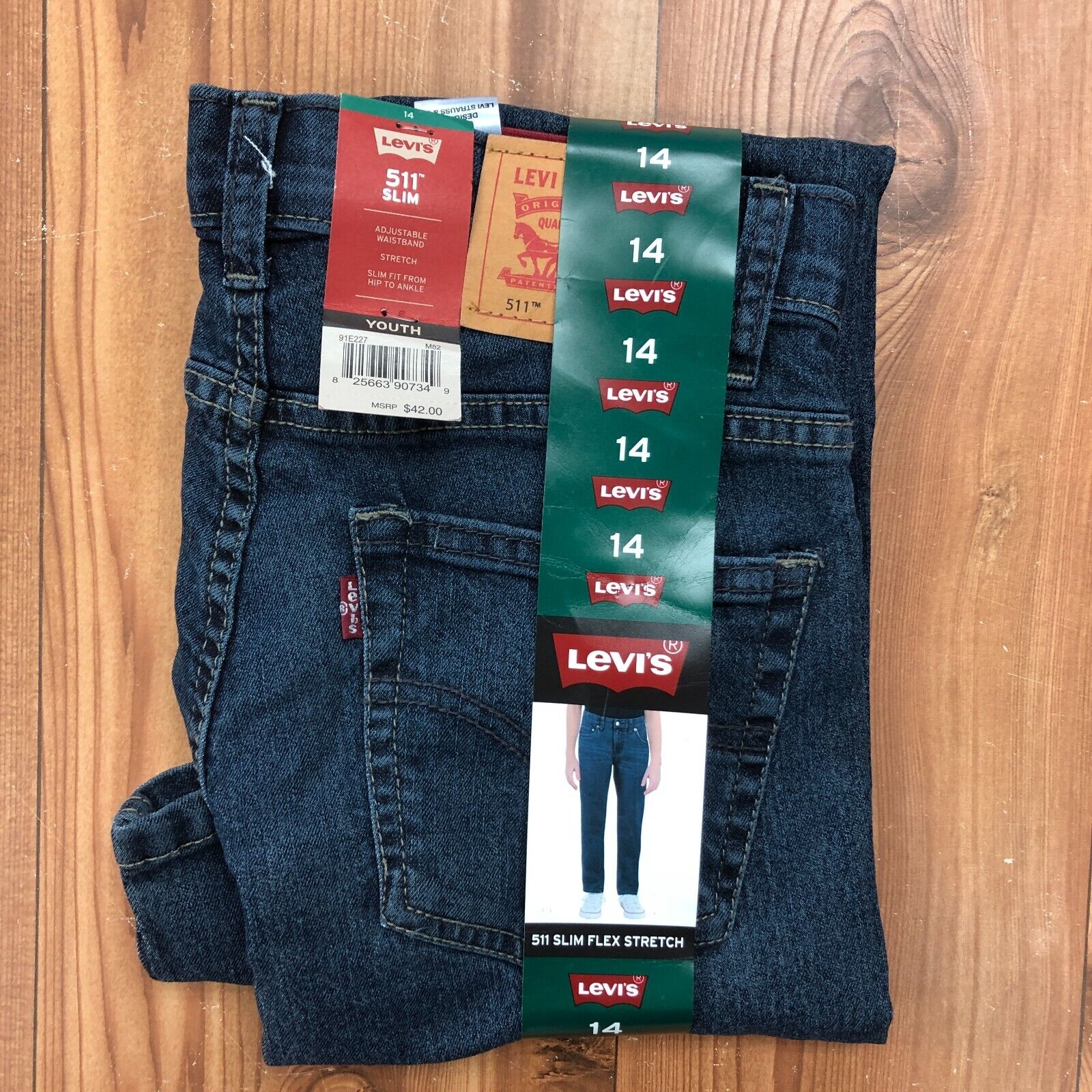 NEW Levis Blue 511 Slim Fit Stretch Adjustable Waist Denim Jeans Youth Size 14