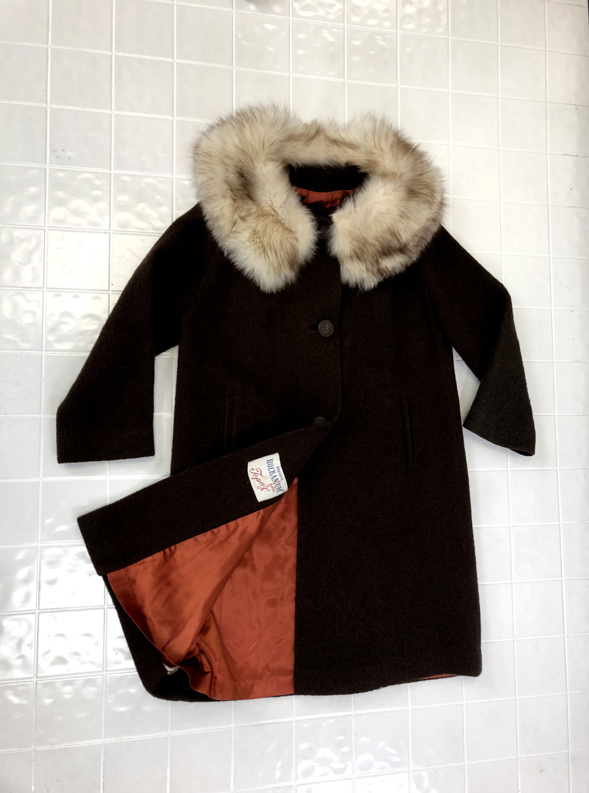 Vintage Stevens Hockanum Brown Real Fur Collar Lined Coat Women's Size L