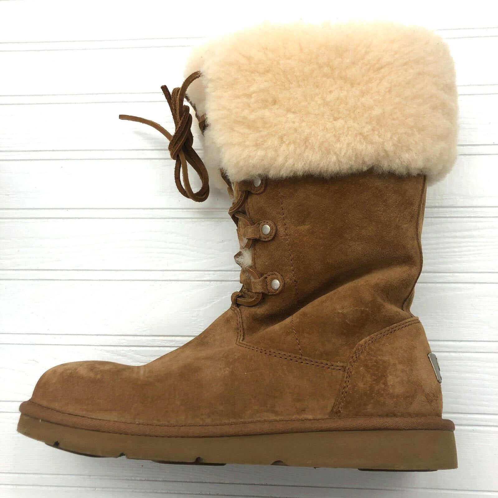 Ugg Tan Fur Lined Suede Full Lace Up Snow Boots Model 1892 Adult Size 8