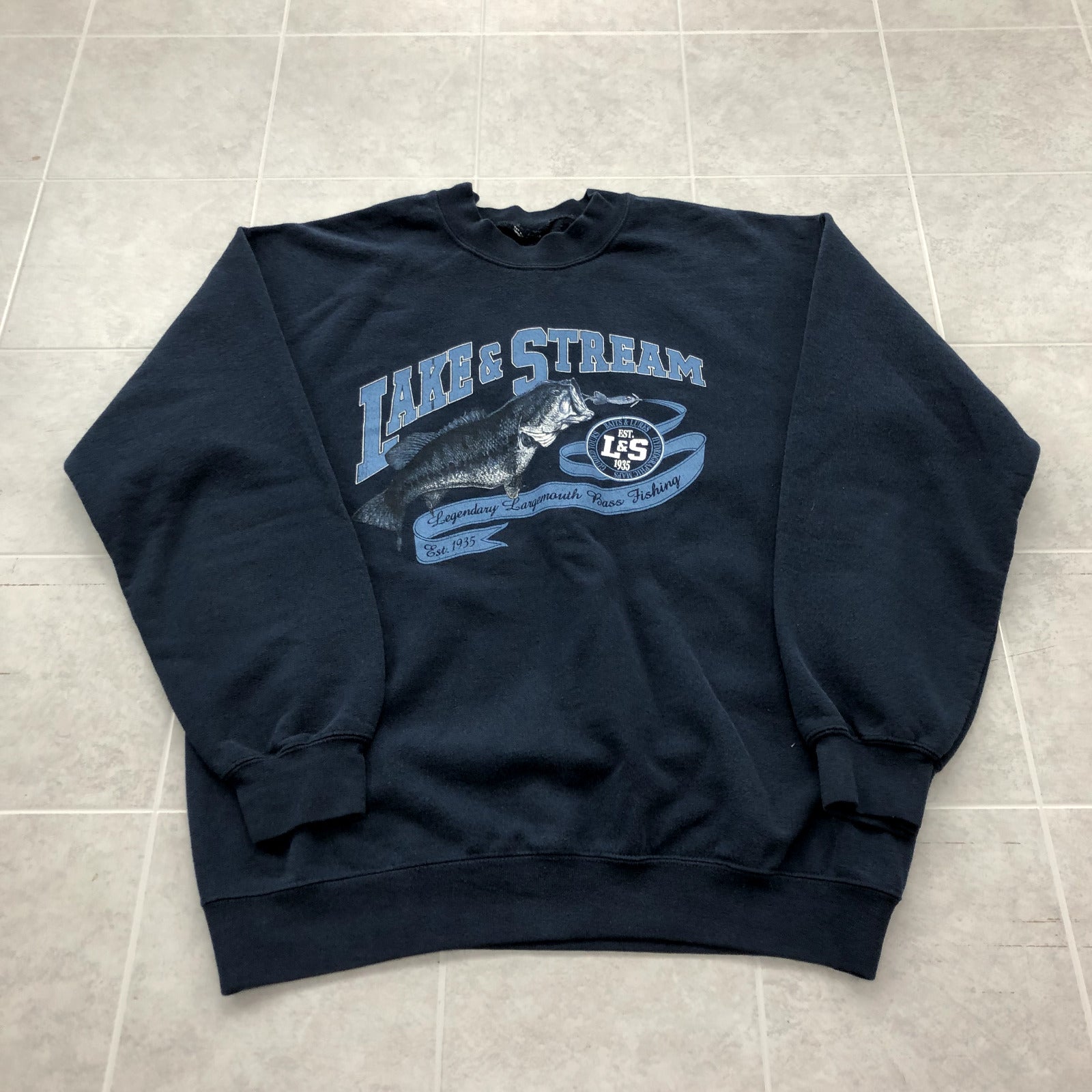 Vintage Navy Blue Long Sleeve Graphic Lake & Stream Sweatshirt Adult Size L