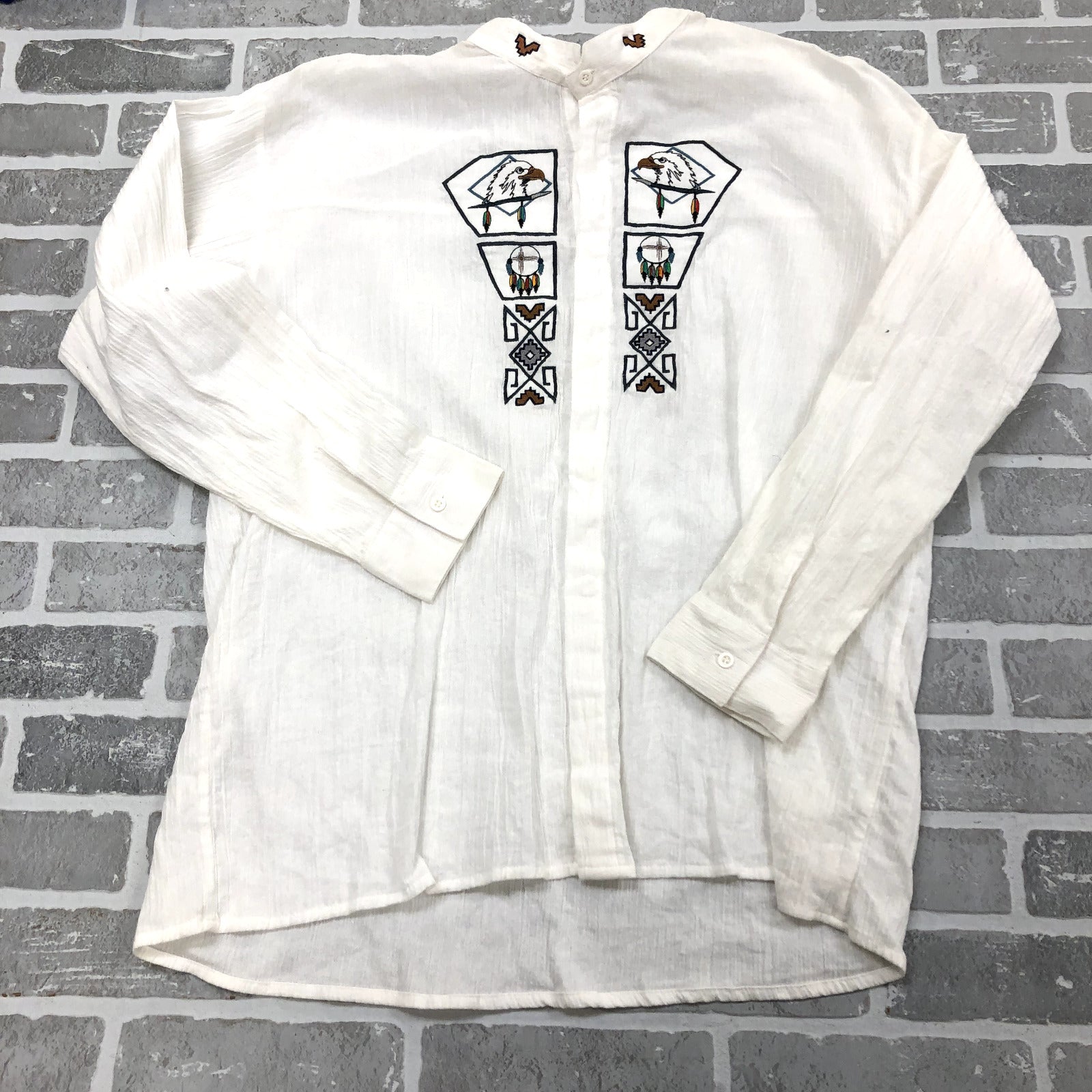 Vintage White Embroidered Western Regular Fit Button Up Shirt Adult Size XL