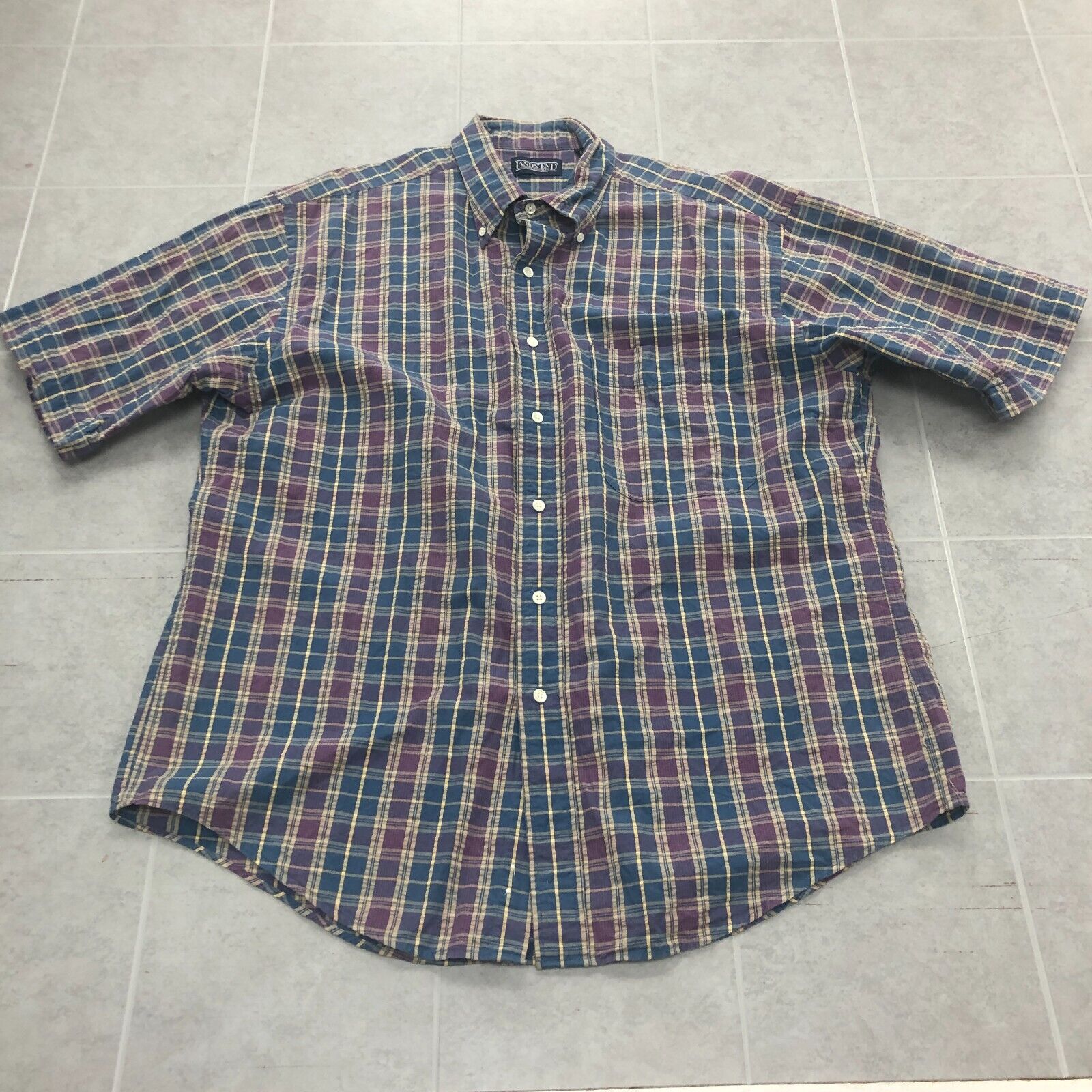 Vintage Lands End Blue Plaid Short Sleeve Casual Button Up Shirt Adult Size L