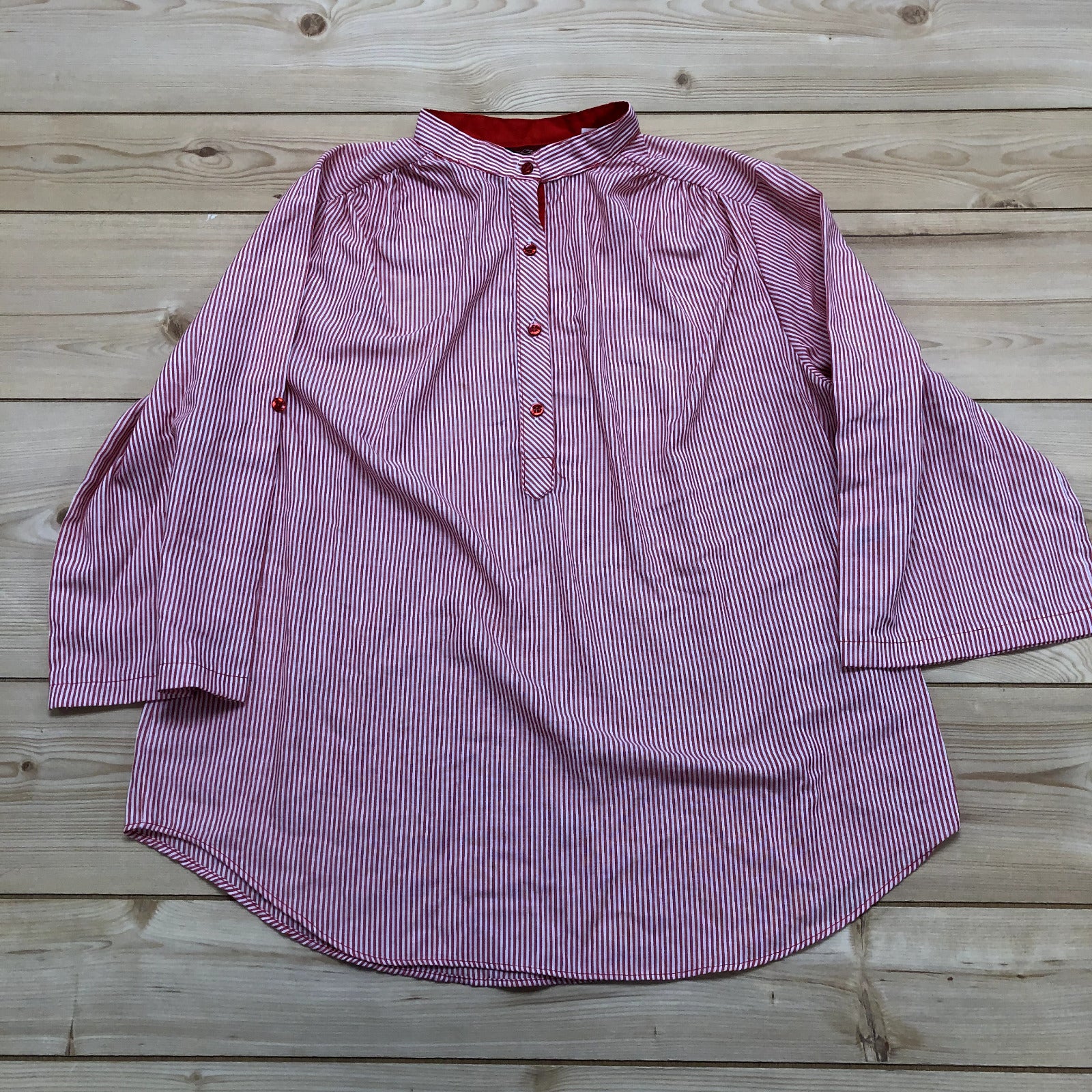 Sasson Red Candy Stripe 3/4 Sleeve 1/4 Button Pullover Sweatshirt Women Size 38