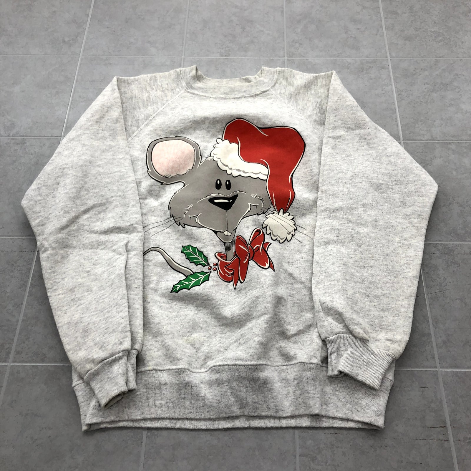 Vintage Hanes Gray Long Sleeve Graphic Holiday Mouse Sweatshirt Adult Size L