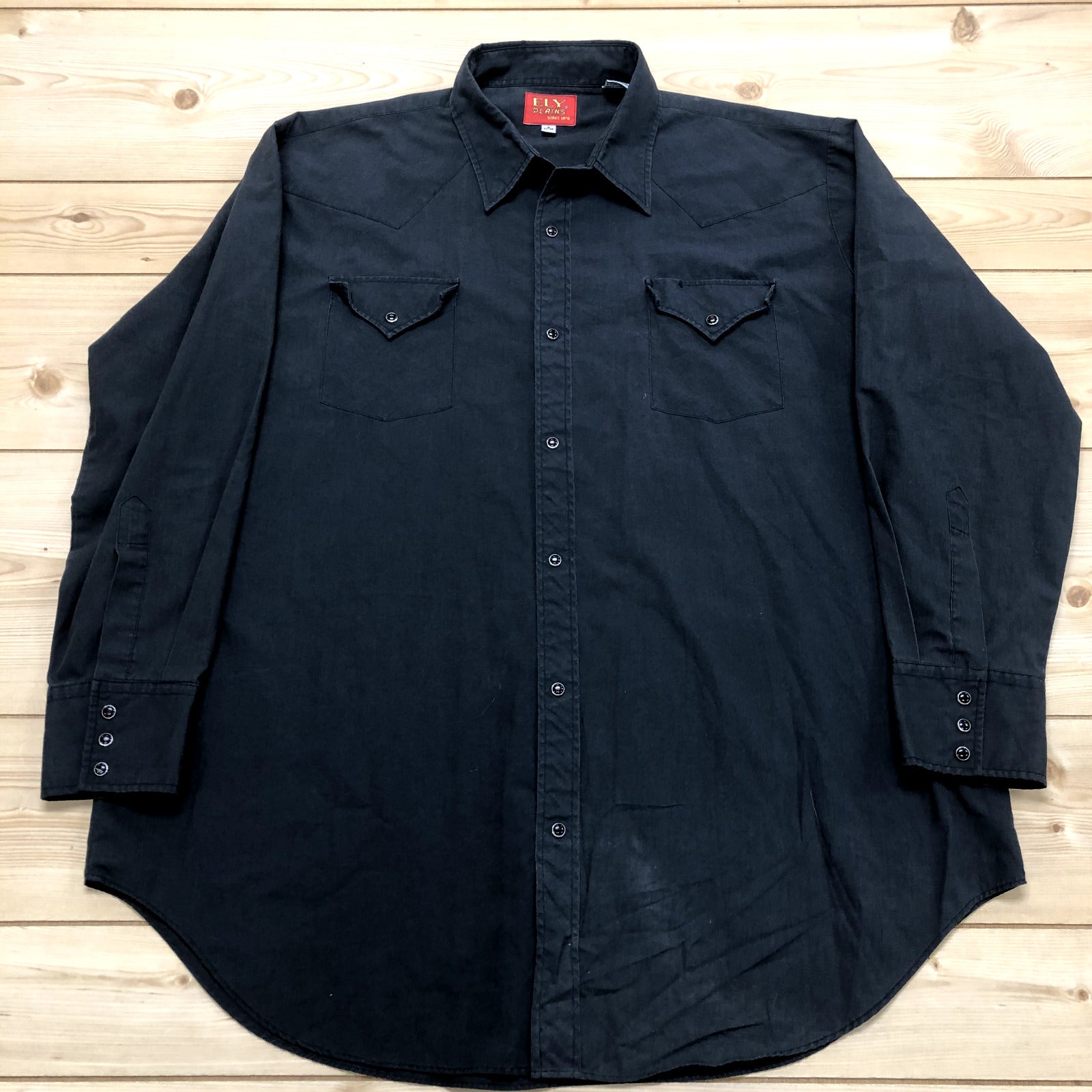 Ely Plains Black Long Sleeve Point Pearl Snap Western Shirt Men Size 18 (34-35)