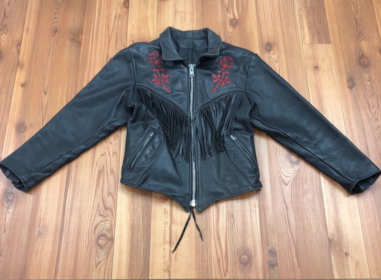 VINTAGE Chrome Gear Black Fringe Floral Embroider Leather Jacket Womens Size 10