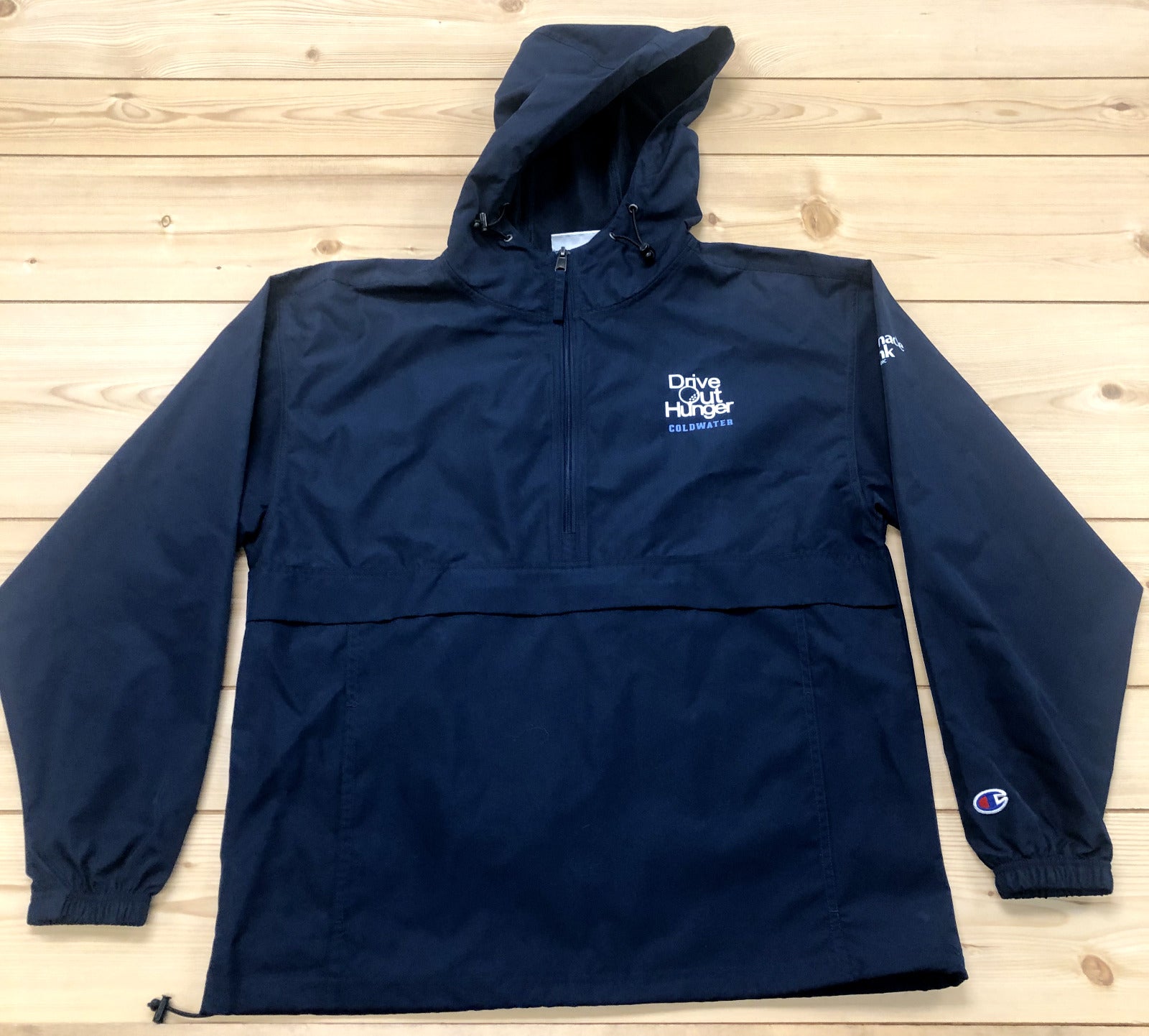 Champion Blue Logo Drive Out Hunger Pinnacle Bank Pullover Jacket Adult Size M