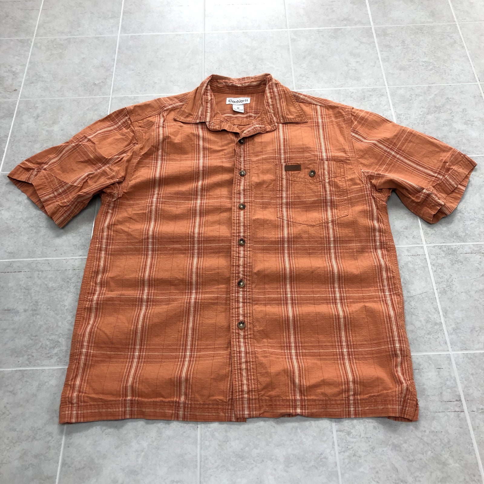 Carhartt Orange Plaid Short Sleeve Casual Button Up Shirt Adult Size M