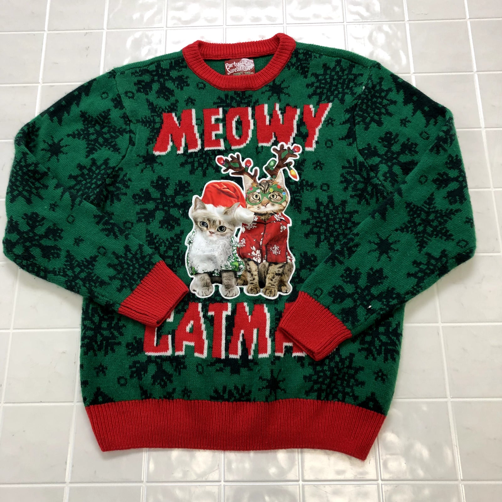 Party Sweater Green Meowy Catmas Christmas Holiday Sweater Adult Size L