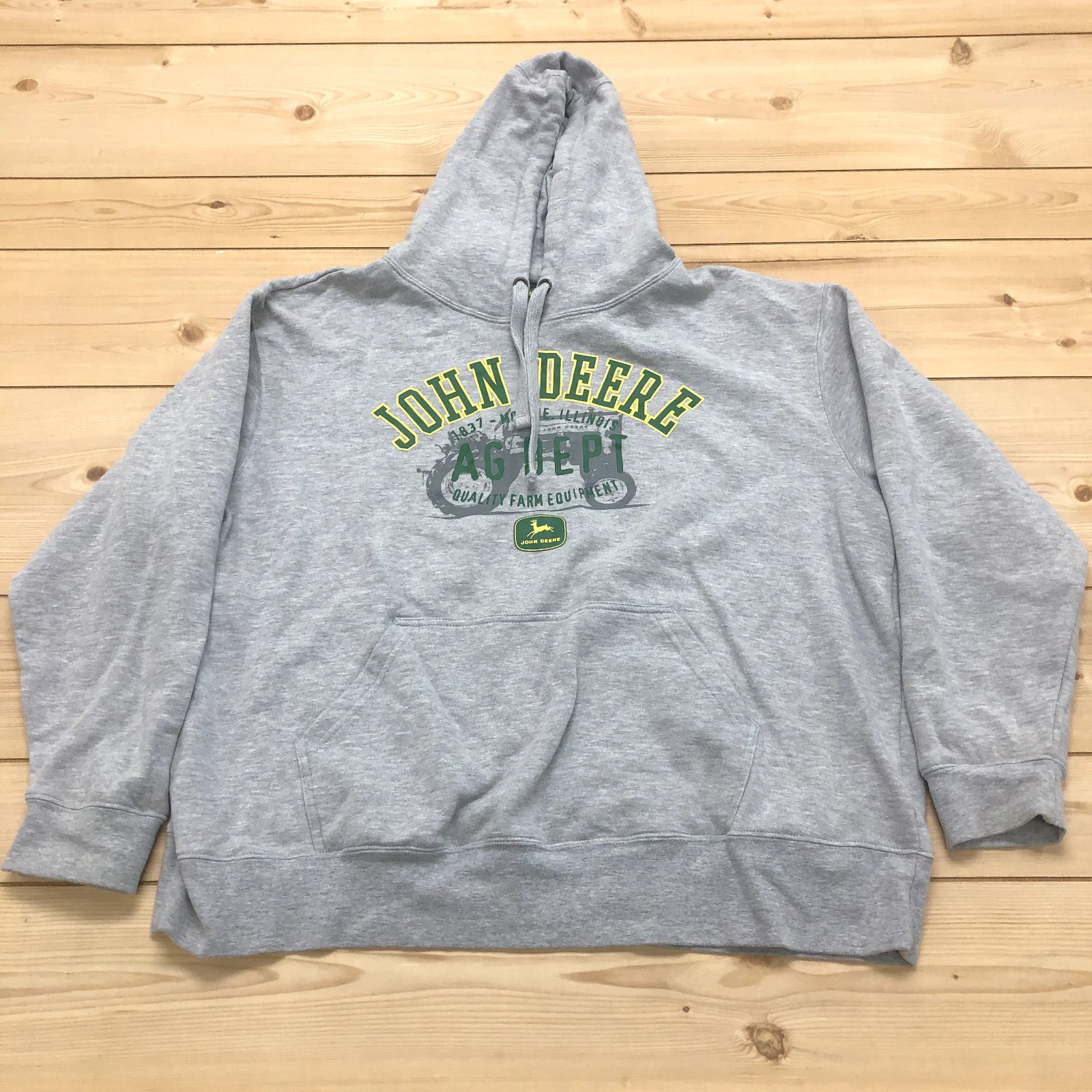 John Deere Grey Logo Illinois Pocket Long Sleeve Pullover Hoodie Adult Size XL