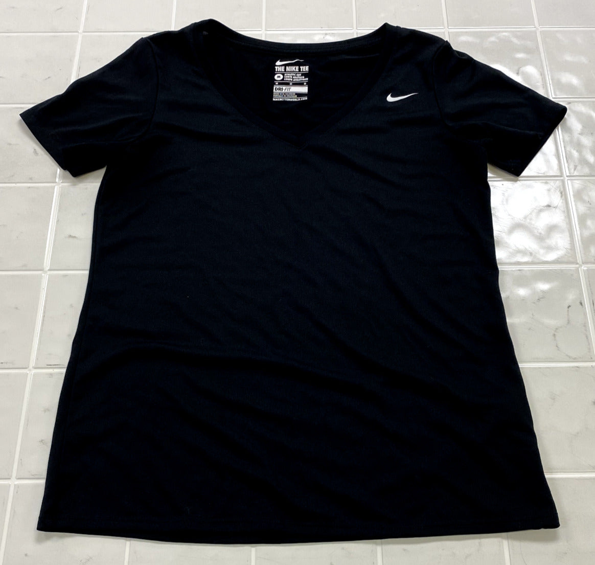 Nike Black Dri-Fit Athletic Cut V-Neck Short Sleeve T-Shirt Women Size Medium