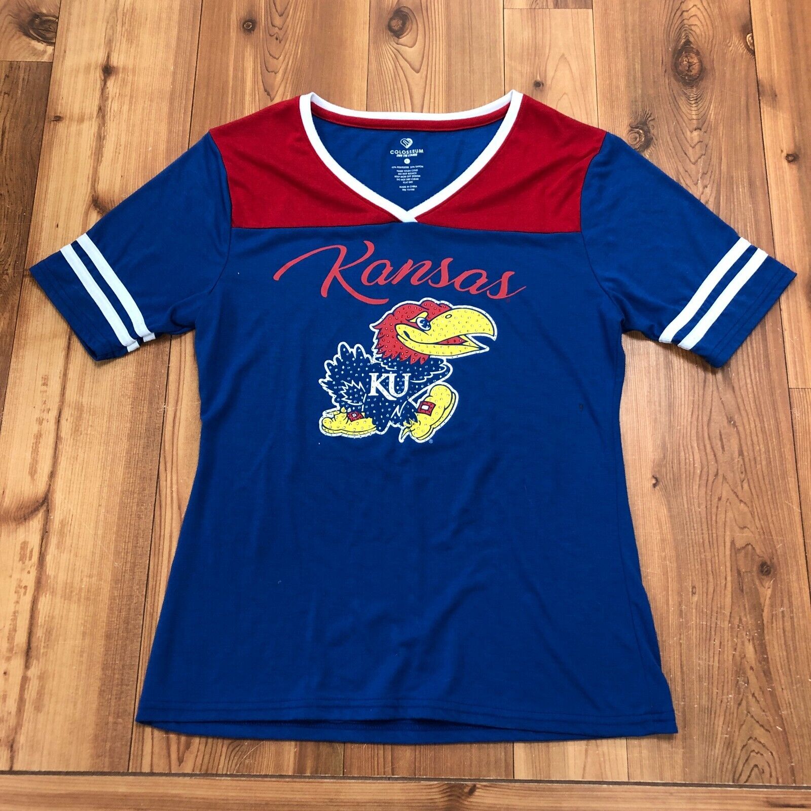Colosseum Blue Kansas Jayhawks Striped Short Sleeve Casual T-Shirt Women Size L