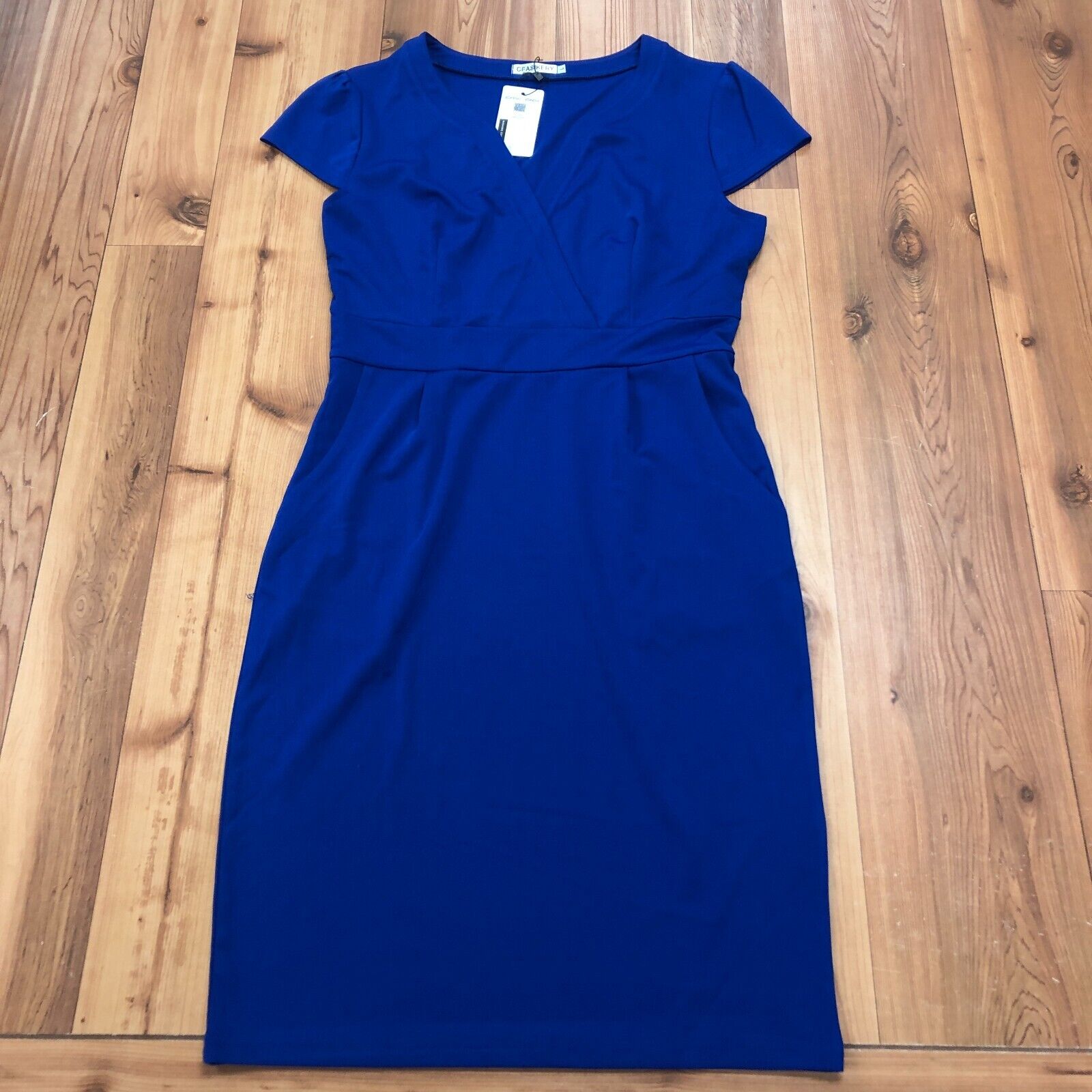 NEW Ceasikery Blue Flat Front Short Sleeve Midi A-Line Style Dress Women Size L