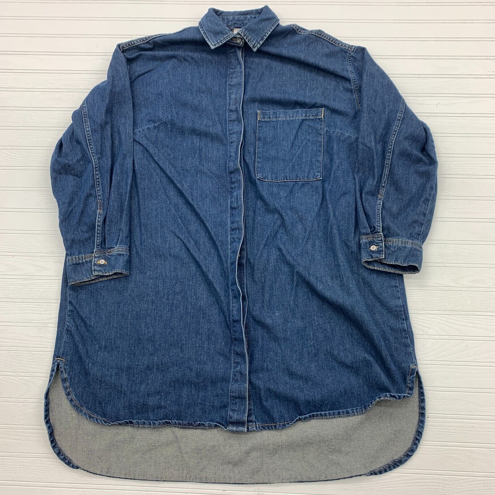 & Denim Plain Blank Single Pocket Dark Blue Button Up Shirt Adult Size XL