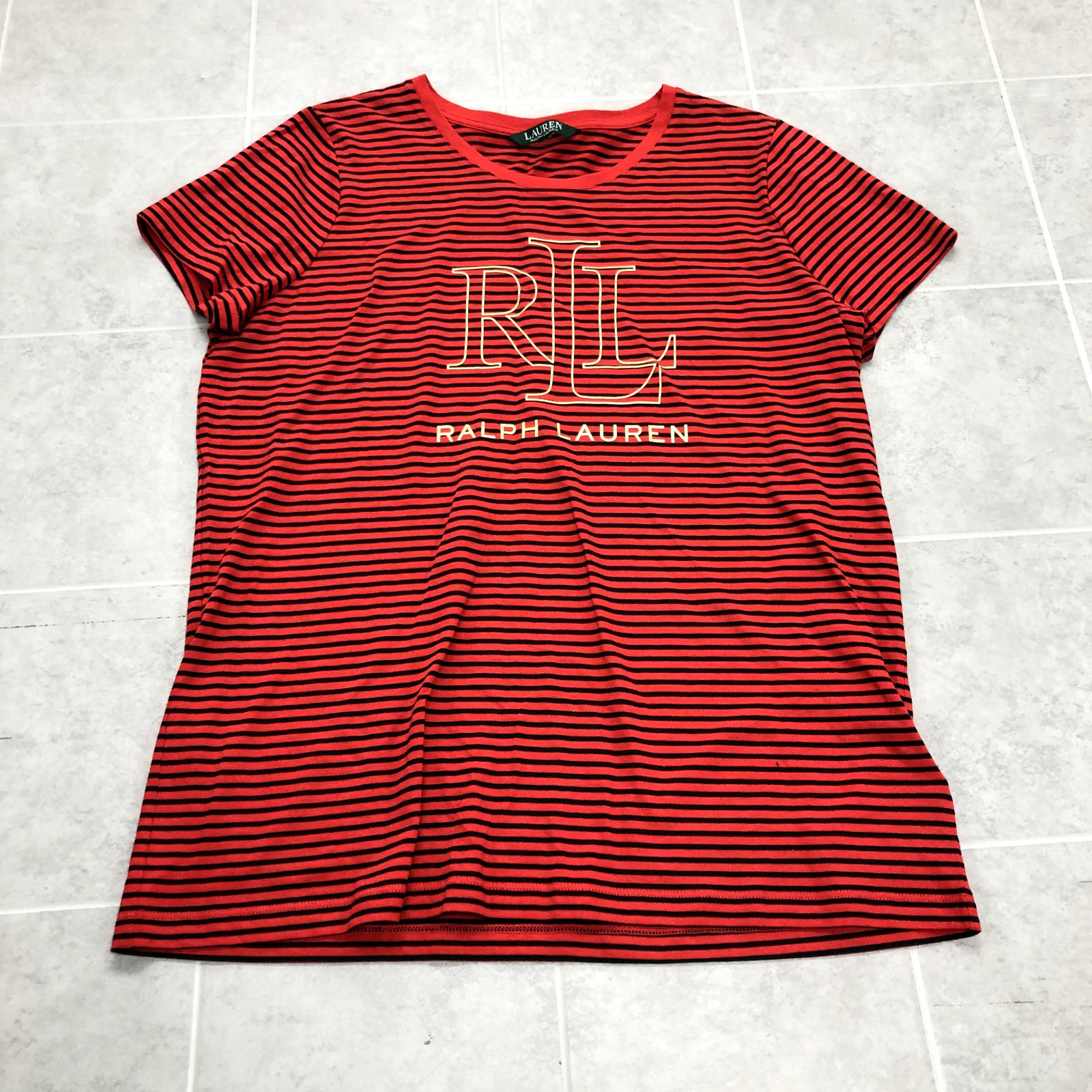 Lauren Ralph Lauren Red Striped Round Neck Graphic Logo T-shirt Womens Size 38