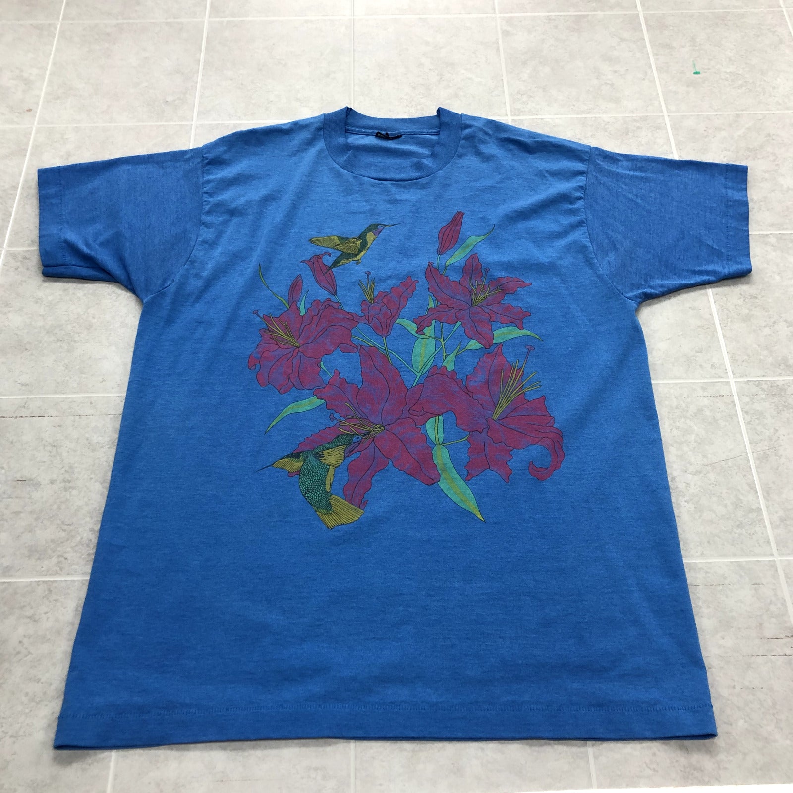 Vintage Blue Short Sleeve Crew Neck Graphic Bird Floral T-shirt Adult Size XL