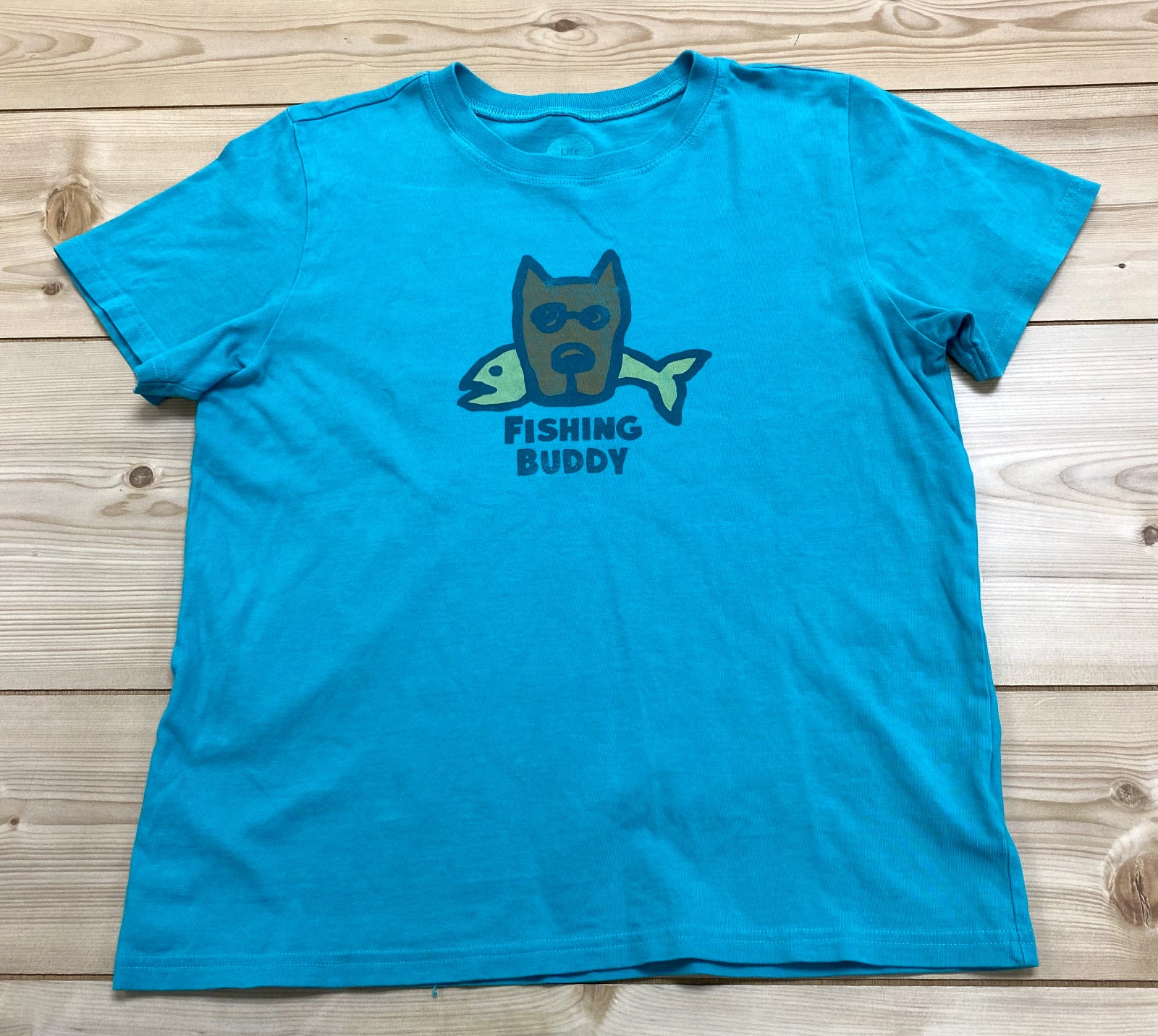 Life Is Good Green Fishing Buddy Dog & Fish Short Sleeve T-Shirt Boys Size XL
