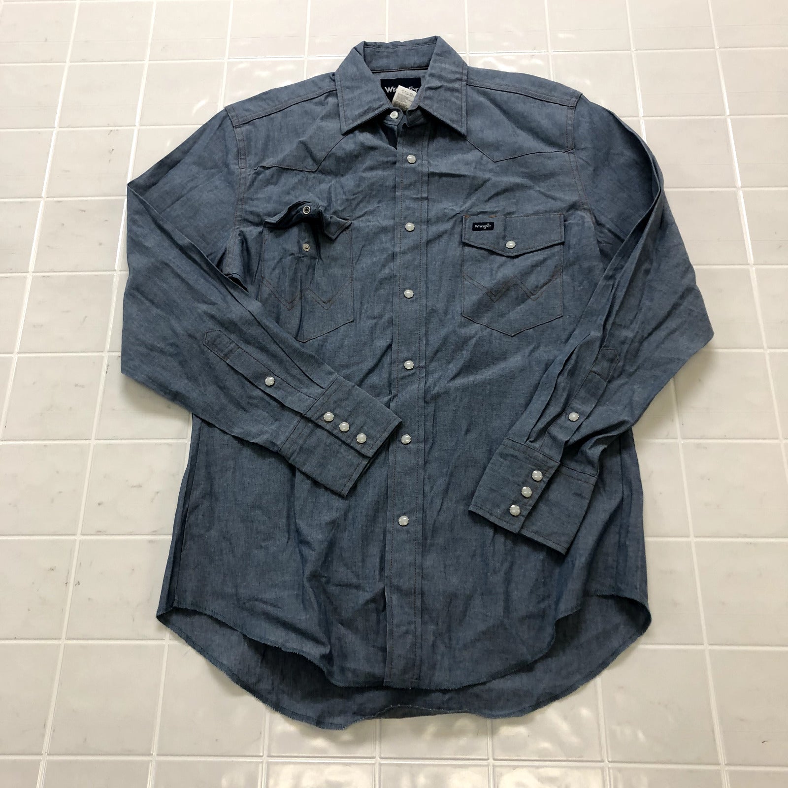 Wrangler Blue Double Pocket Cotton Western Button Up Shirt Adult Size M