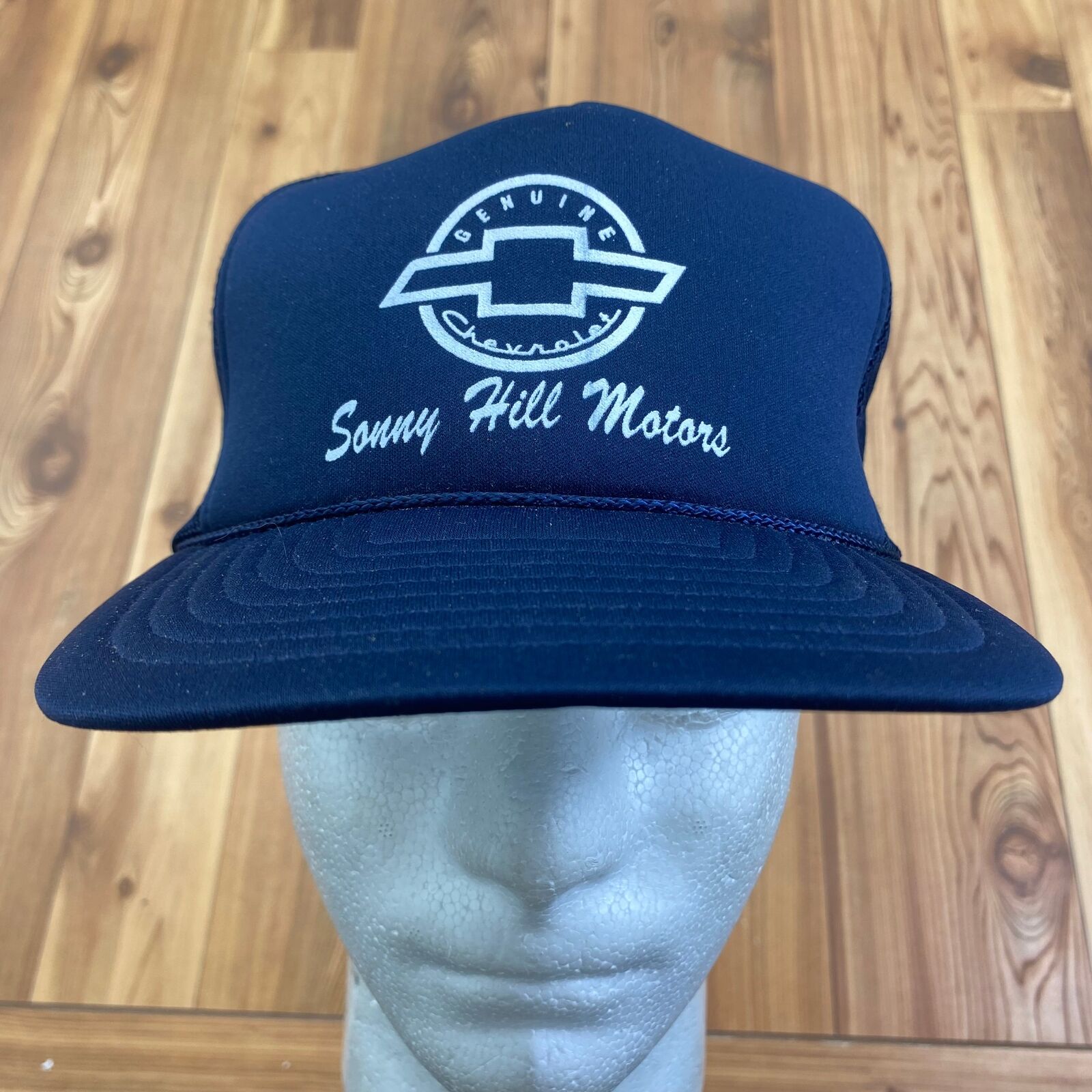 Vintage San Sun Blue Sonny Hill Motors Chevy Bowtie Foam Trucker Hat Adult OSFA