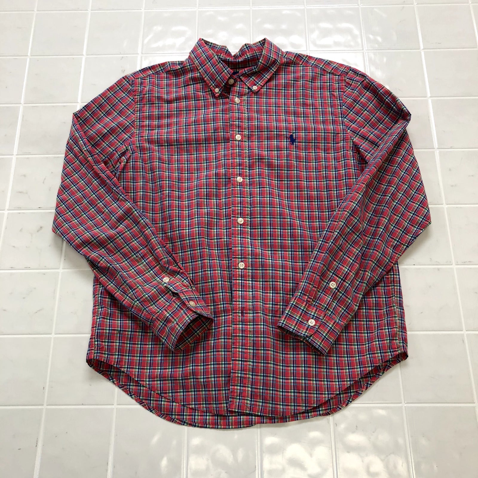 Ralph Lauren Red Multicolor Plaid Embroidered Button Up Shirt Youth Size XL