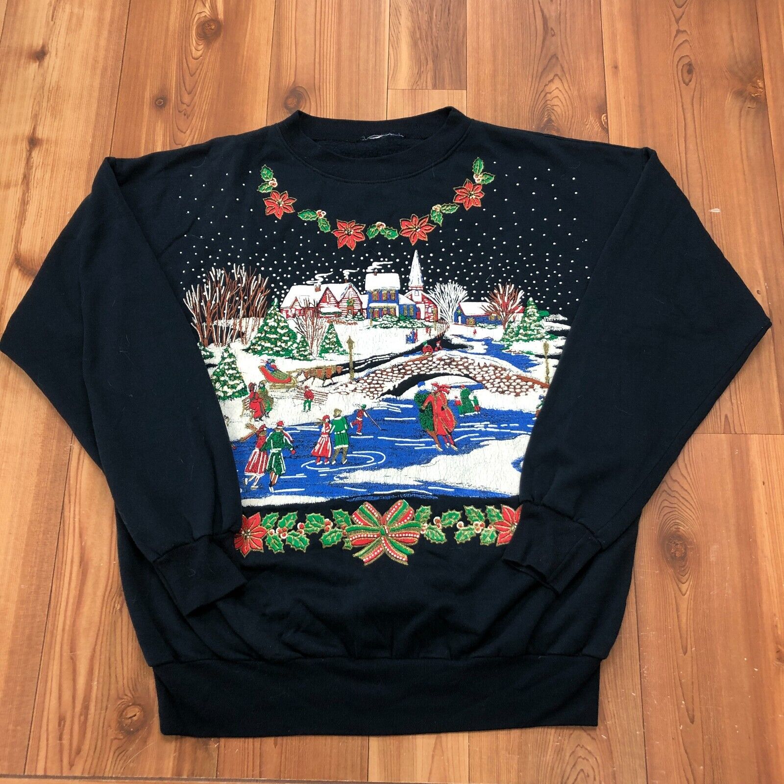 Vintage Black Old Christmas Village Graphic Pullover Sweater Adults Size XL