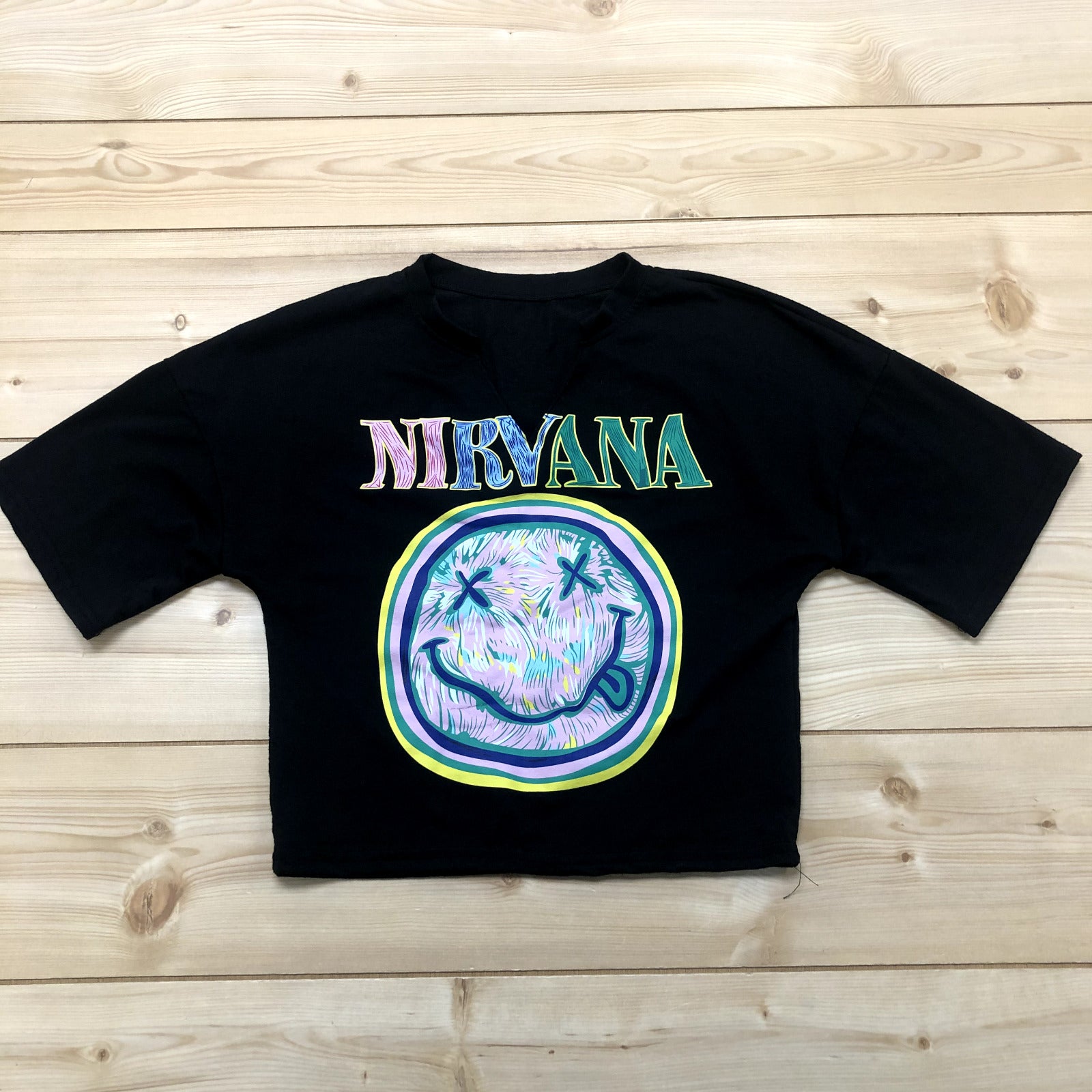 Black Nirvana Music Band Crew Neck Short Sleeve Crop Top Womens Size Medium