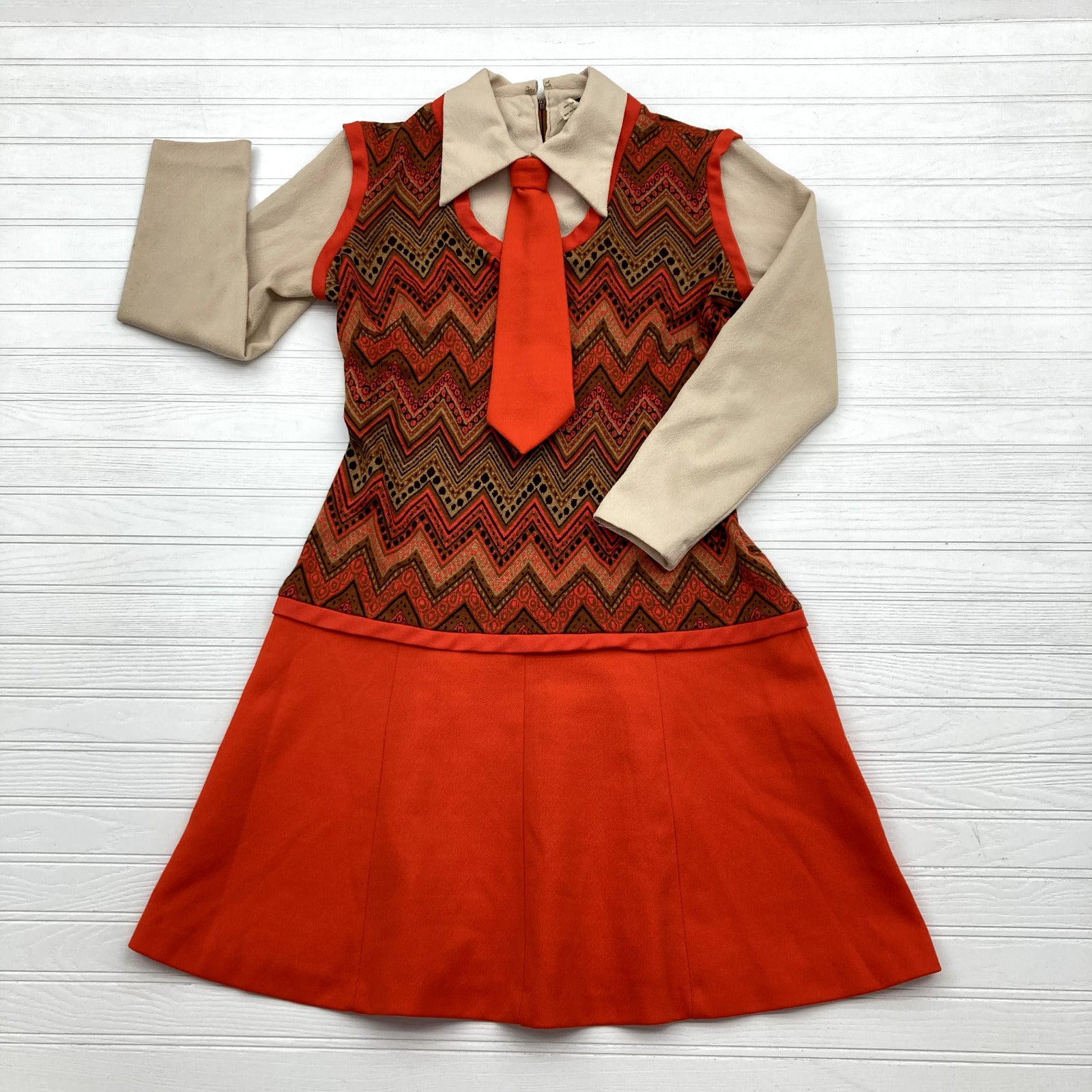 Vintage Sherie Kay Orange Brown Necktie Shift Knee Length Dress Women's Size 12
