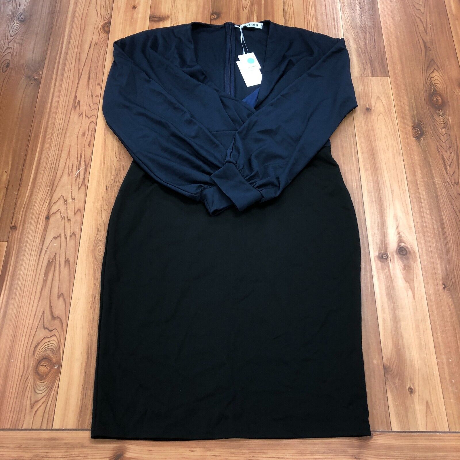 NEW Grace Karin Blue-Black Long Sleeve V-Neck Shirt Style Dress Womens Size XL