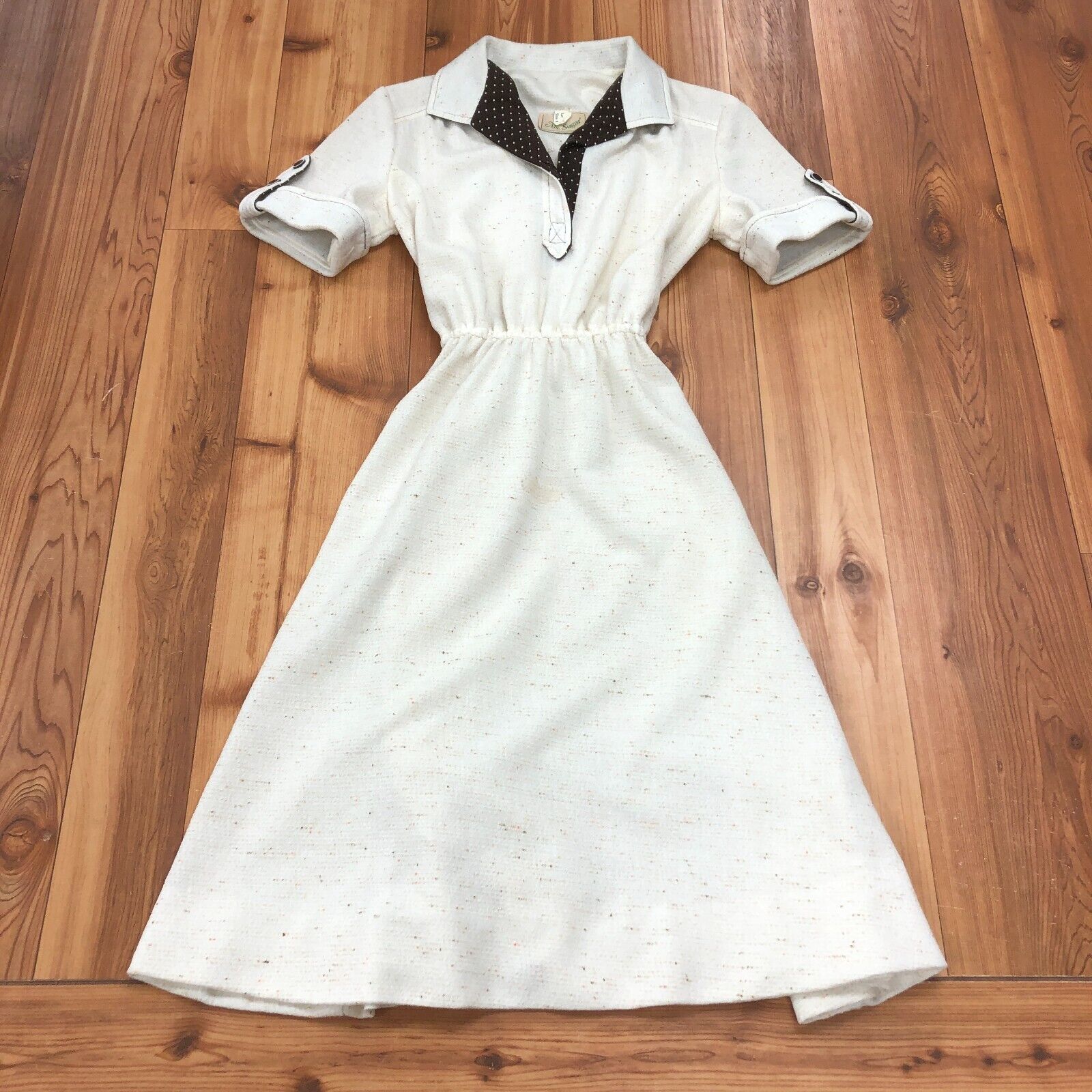 Vintage Ms. Sugar Beige Short Sleeve Collared Pleated Shirt Dress Women Size 8