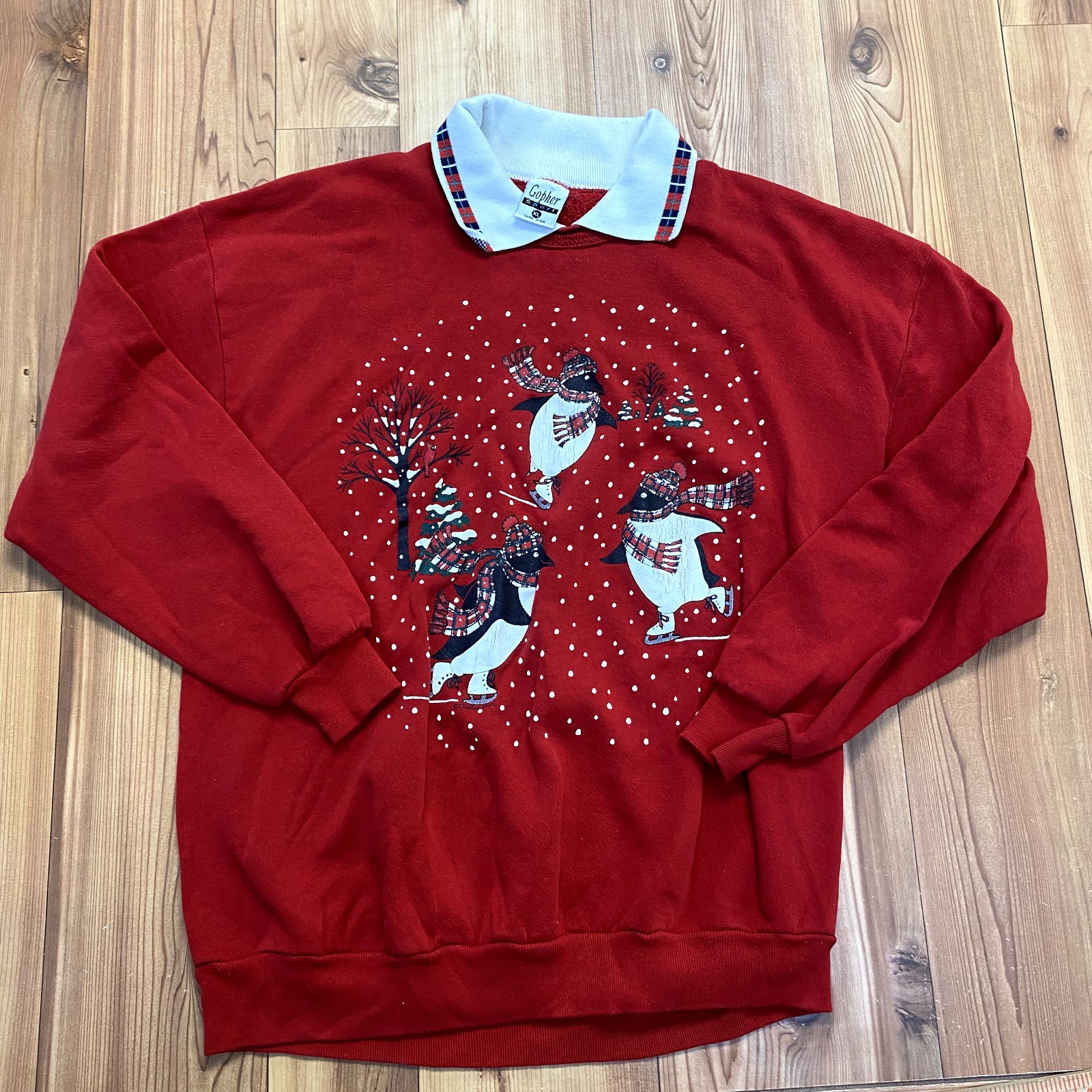 Vintage Gopher Sport Red Snow Penguins Holiday Sweatshirt Adult Size XL