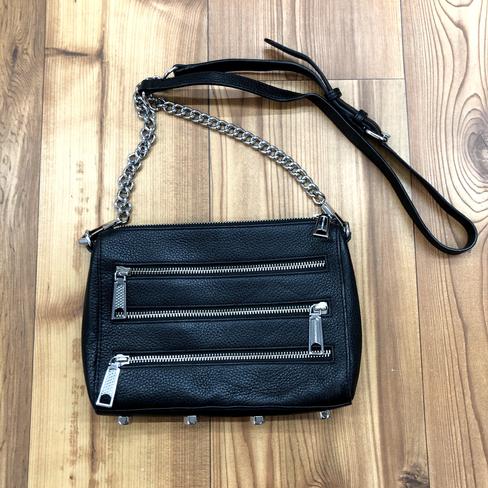 Rebecca Minkoff Black Leather Triple Zipper Rocker Crossbody Handbag 7"x10"x2"