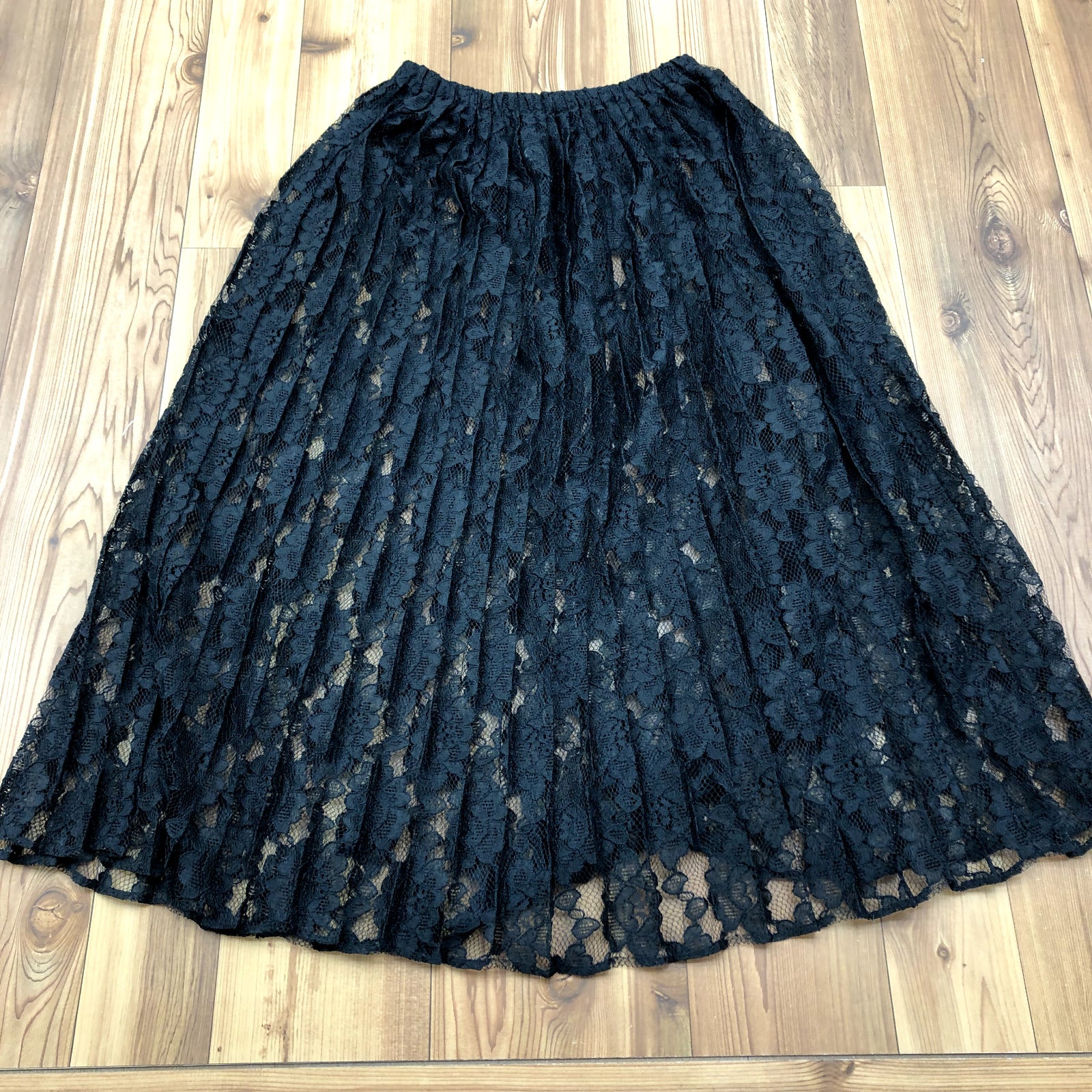 Vintage Latte Black Sheer Laced Elastic Pleated A-line Skirt Women's Size M