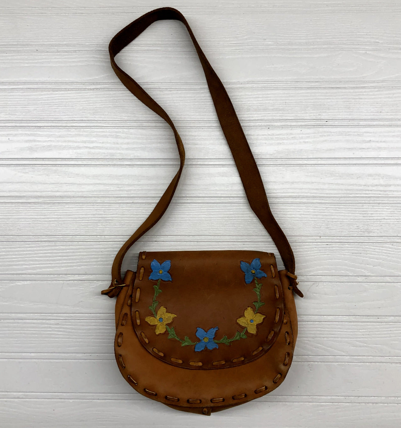 Vintage Hand tooled Hand Painted Floral design Brown Leather Saddle Handbag