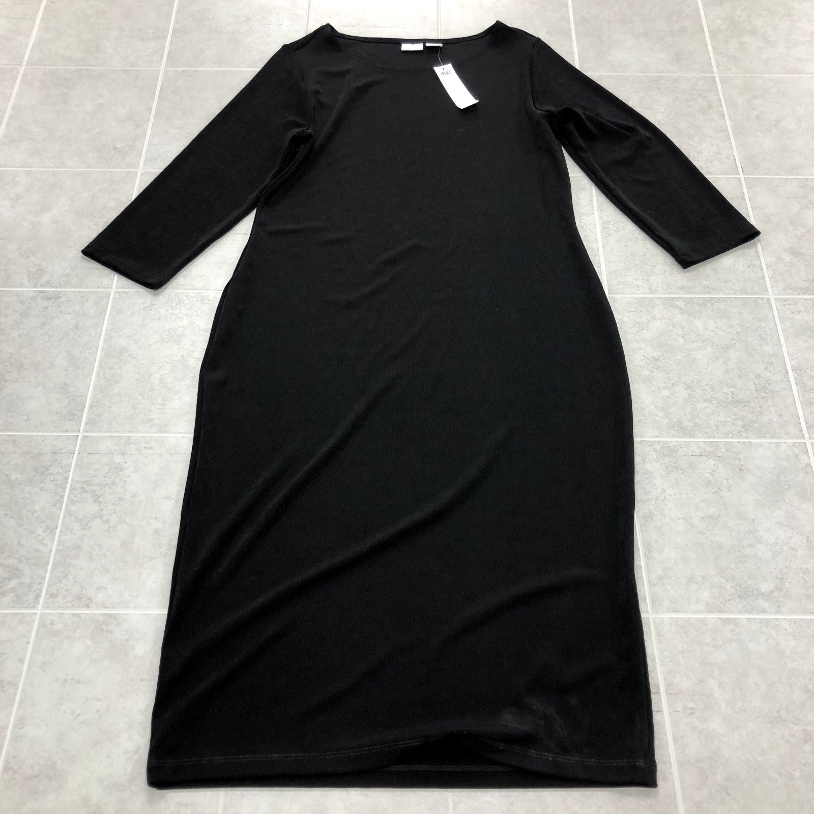 Chicos Black Long Sleeve Round Neck Pullover Stretch MIDI Dress Womens Size 1