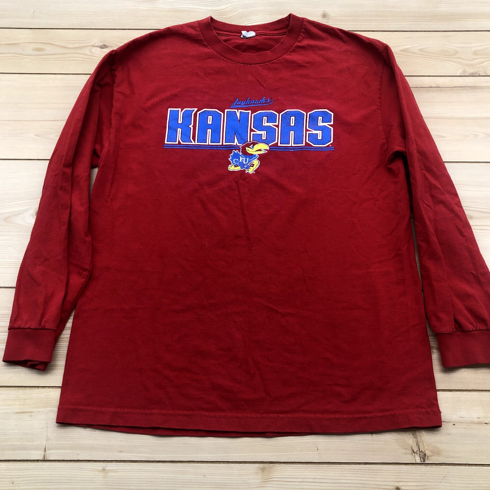 AAA Red NCAA Kansas Jayhawks University Crew Neck Long Sleeve T-Shirt Men Size L