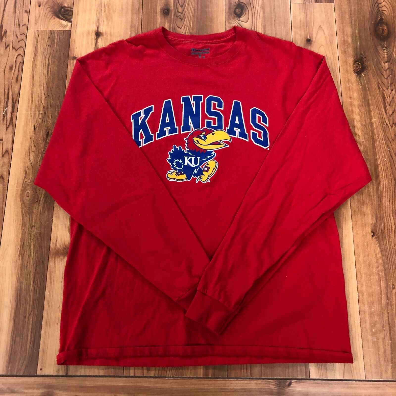 Champion Red Kansas Jayhawks Graphic Logo Long Sleeve T-Shirt Adult Size XL