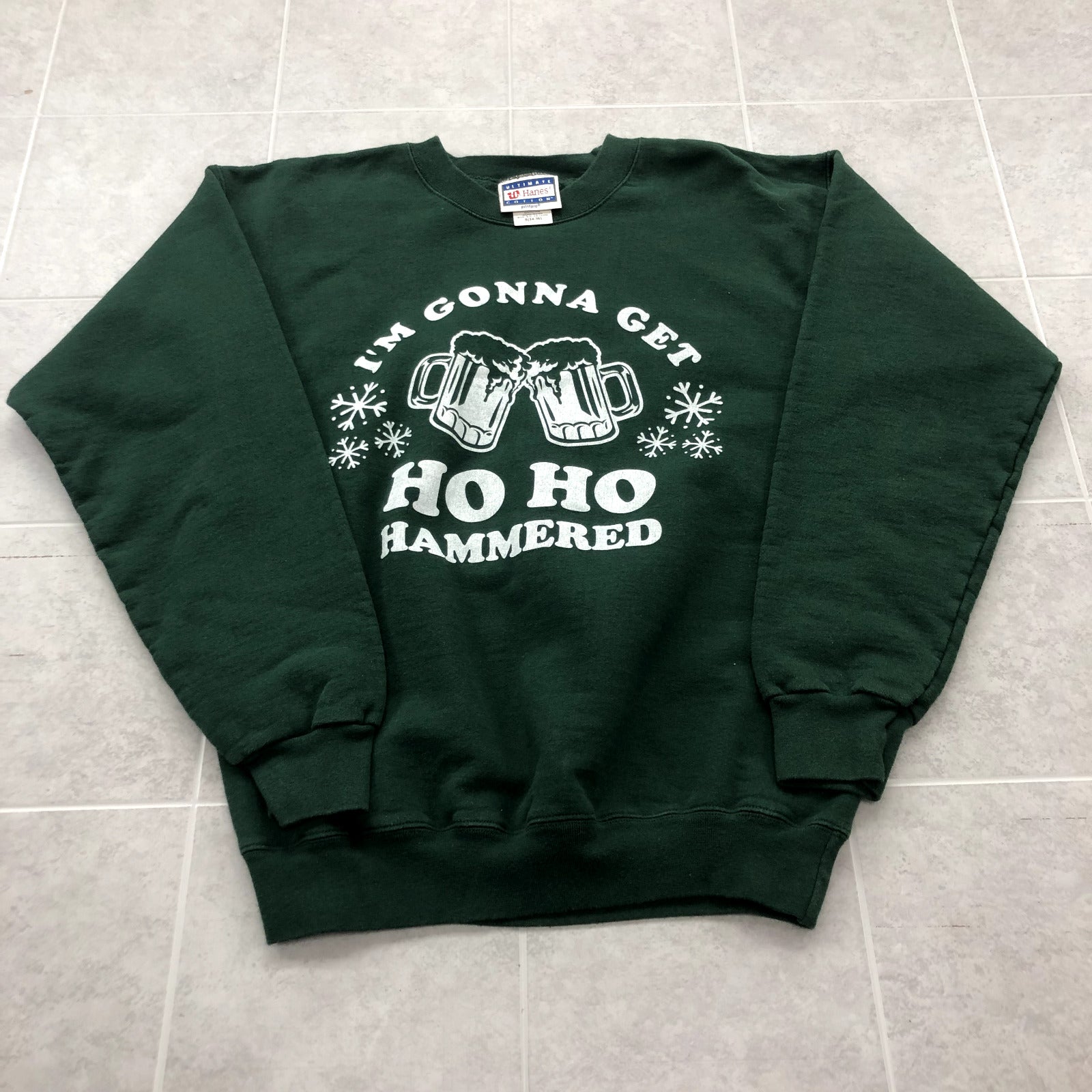 Vintage Hanes Green Long Sleeve Crew Graphic Holiday Gag Sweatshirt Adult Size S