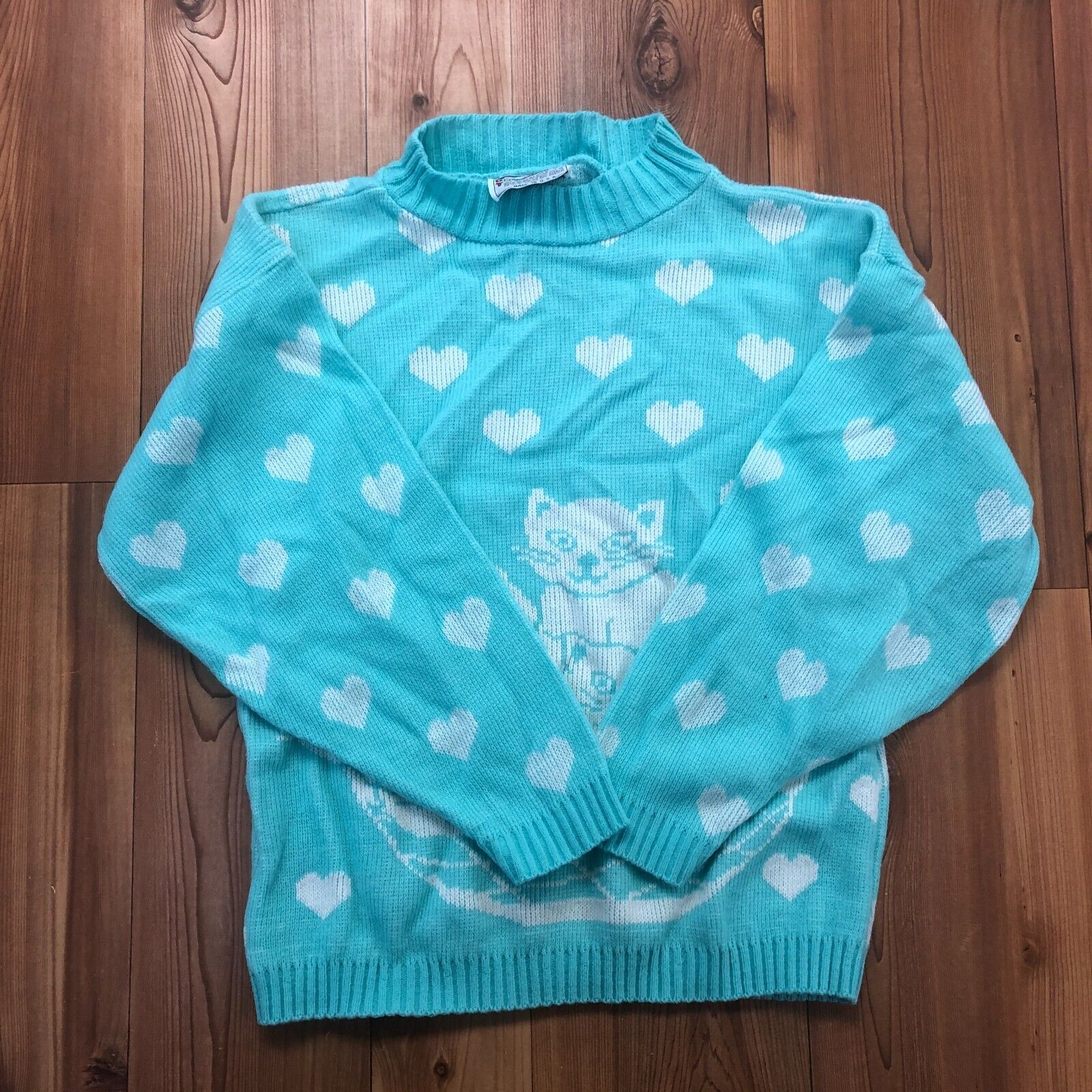 Vintage Hot Cashews Blue Polka Dot Long Sleeve Cat Pullover Sweater Youth Size L
