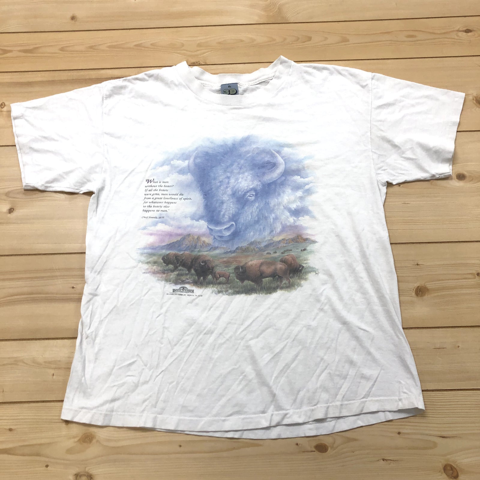 Vintage 1991 3D Emblem White Chief Seattle Buffalo T-Shirt Adult Size XL