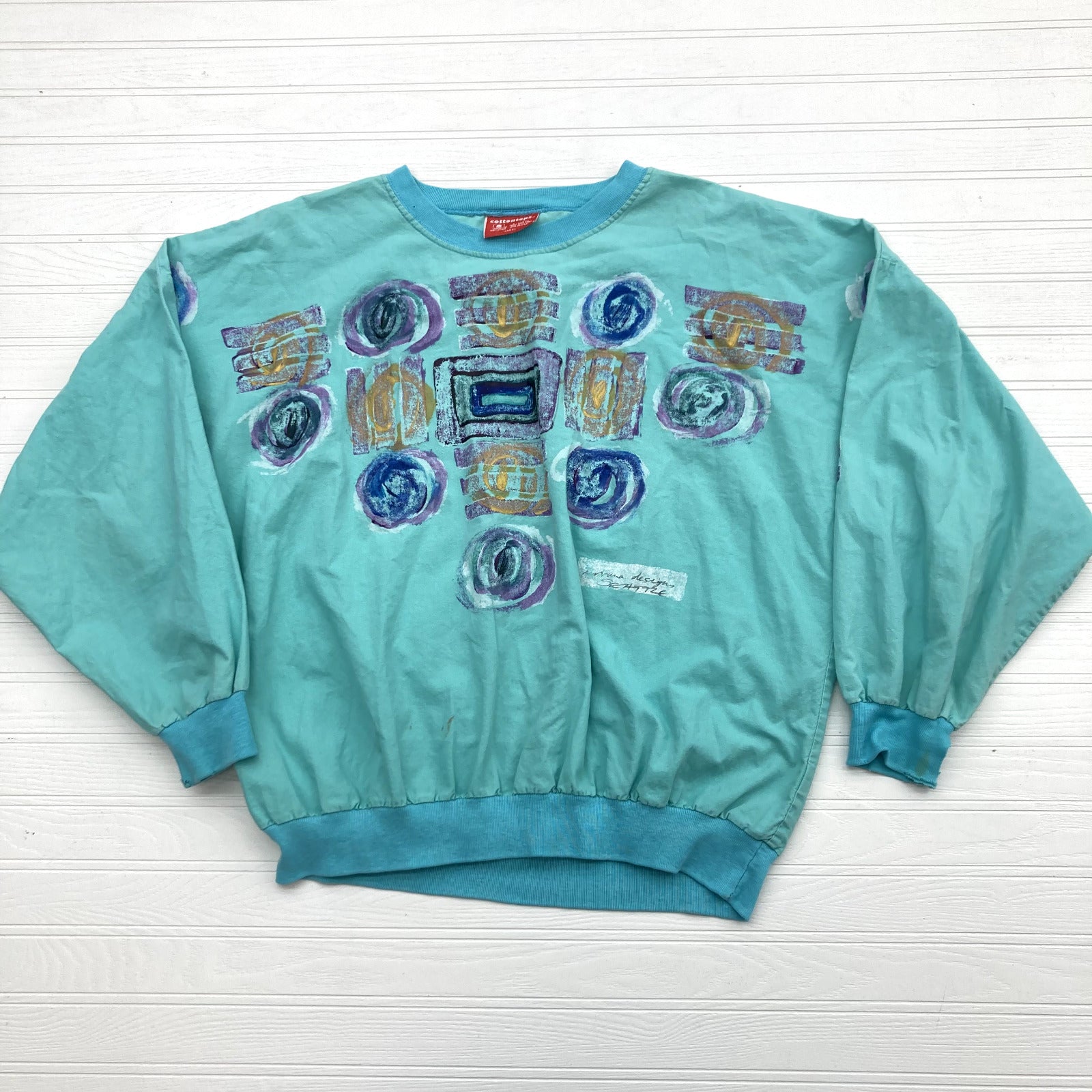 Vintage Cottontops Blue Teal Geometric 90s Paint Thin Sweatshirt Adult Size L