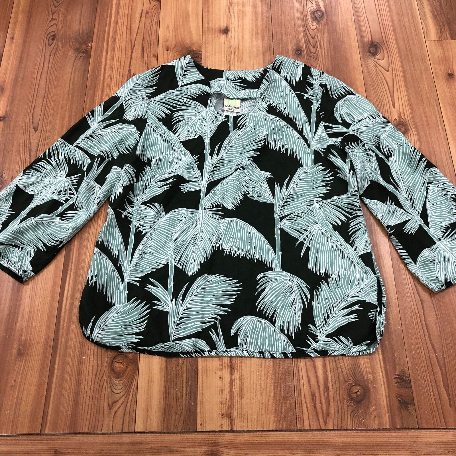 Vintage Kalaheo Green Hawaiian Palm Leaf 3/4 Sleeve Blouse Shirt Women Size XL