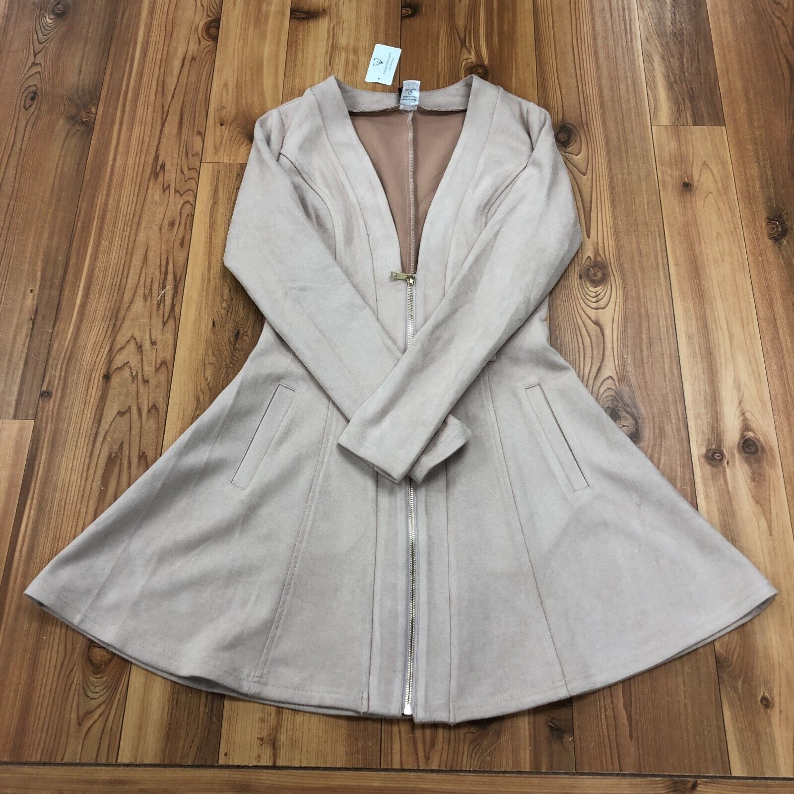 NEW Windsor Beige Zip-Front Long Sleeve Pleated Pocket Shirt Dress Womens Size S